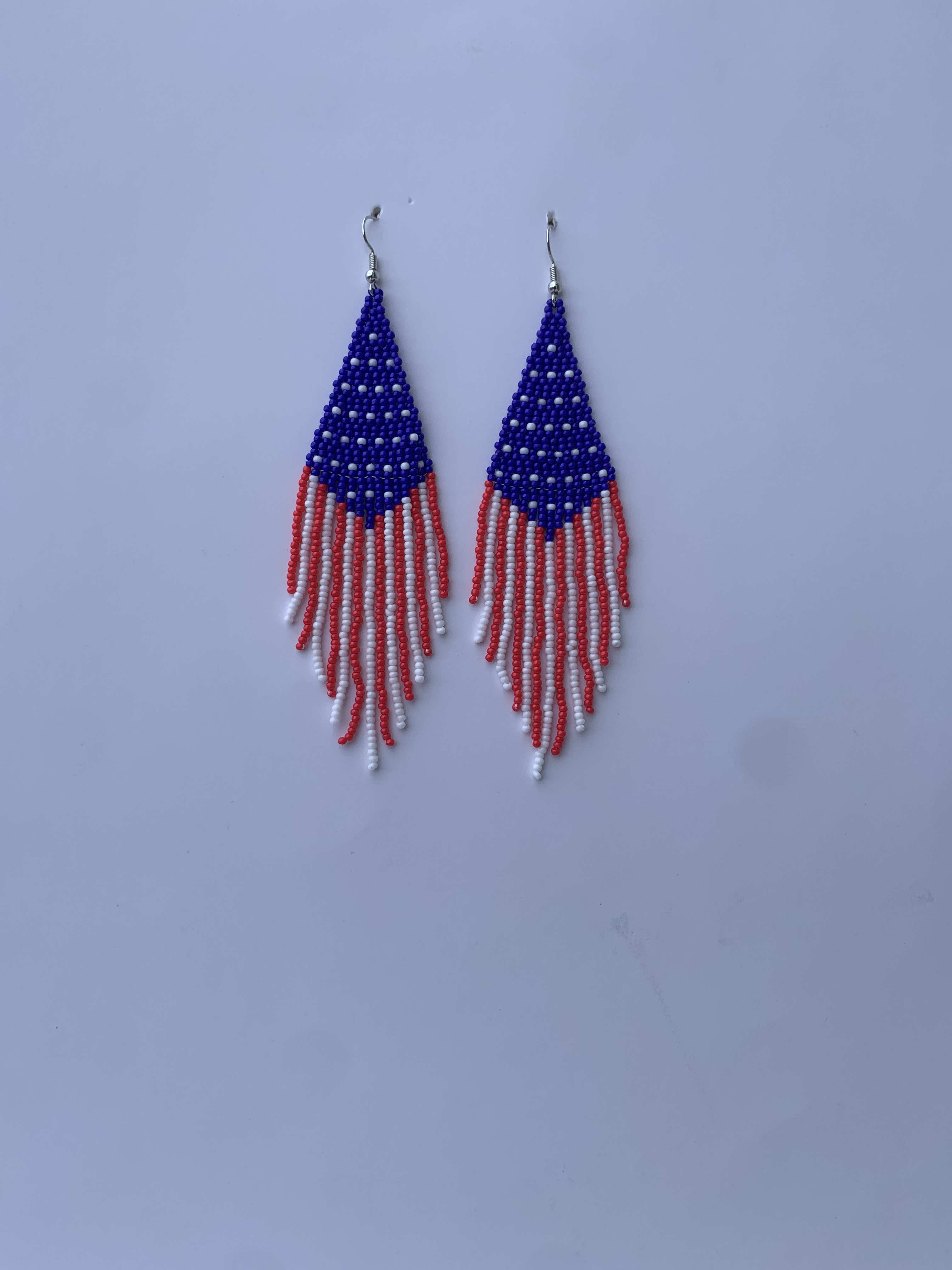 Twifo Stars and Stripes — handmade red, white, blue beaded fringe earrings by Rama, Ghana, Duncan BC