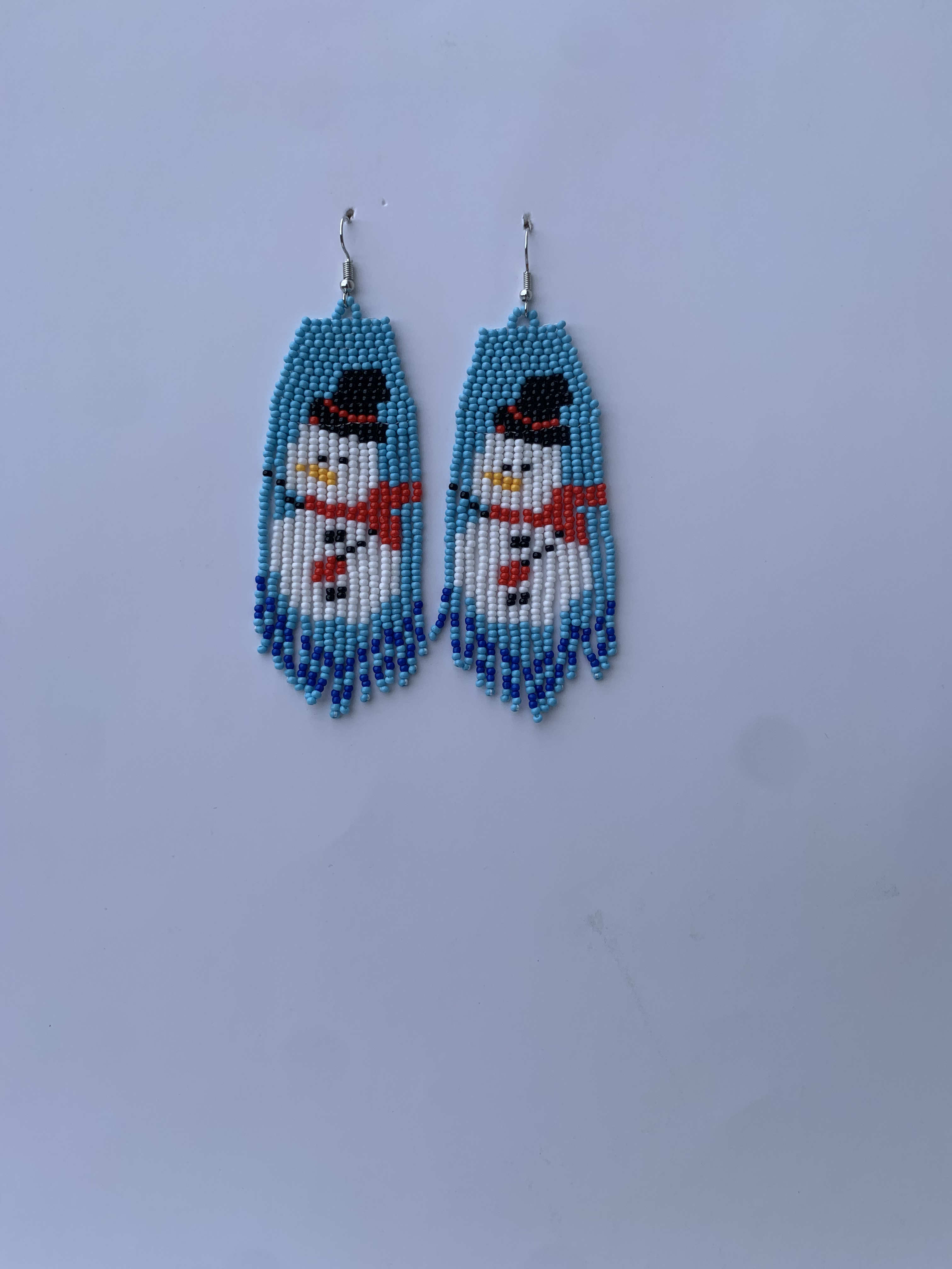 Shama Snowman Charm — handmade light blue, white beaded fringe earrings by Rama, Ghana, Duncan BC