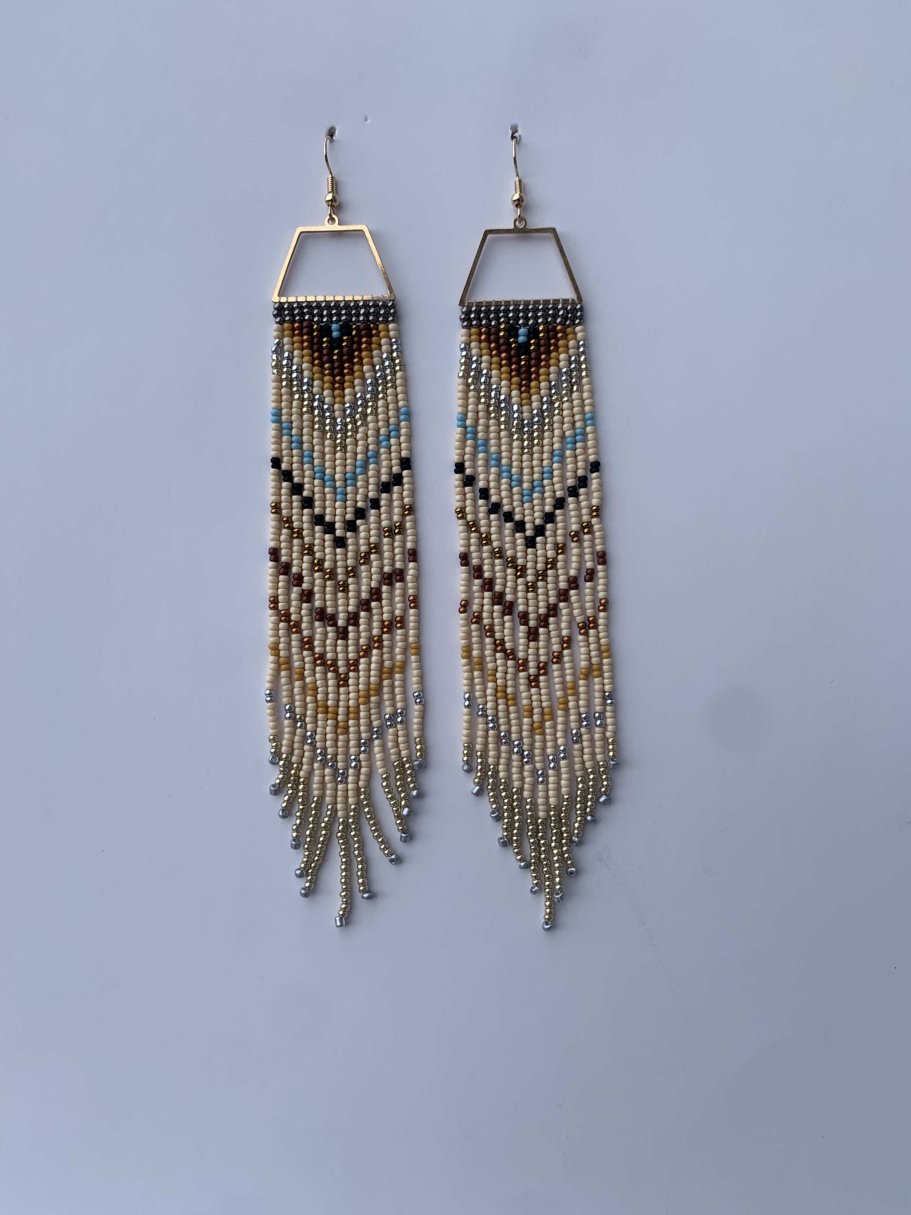 Yeji Sahel Cascade — handmade tan, gold, grey beaded fringe earrings by Rama, Ghana, Duncan BC