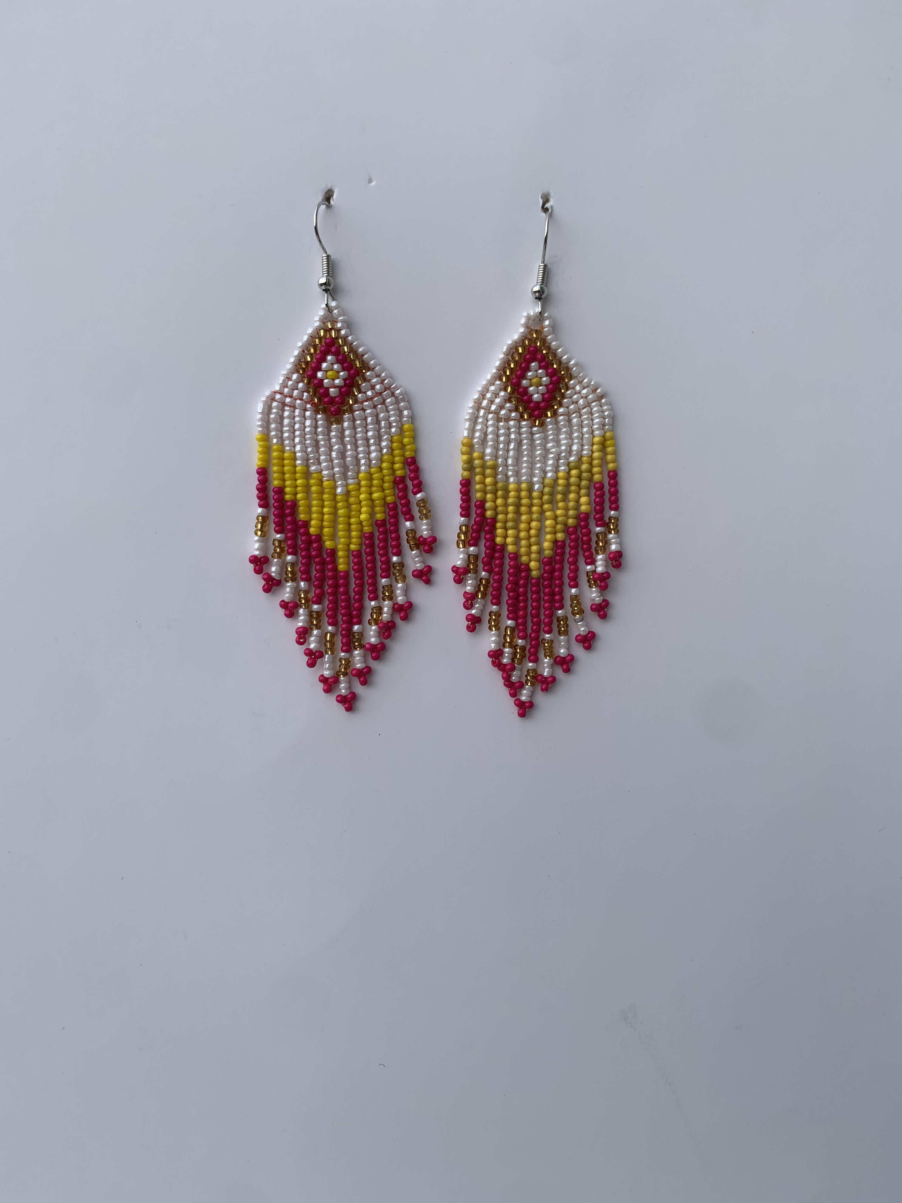 Hwidiem Sunbeam Feather — handmade white, yellow, pink beaded fringe earrings by Rama, Ghana glass beads, Duncan BC