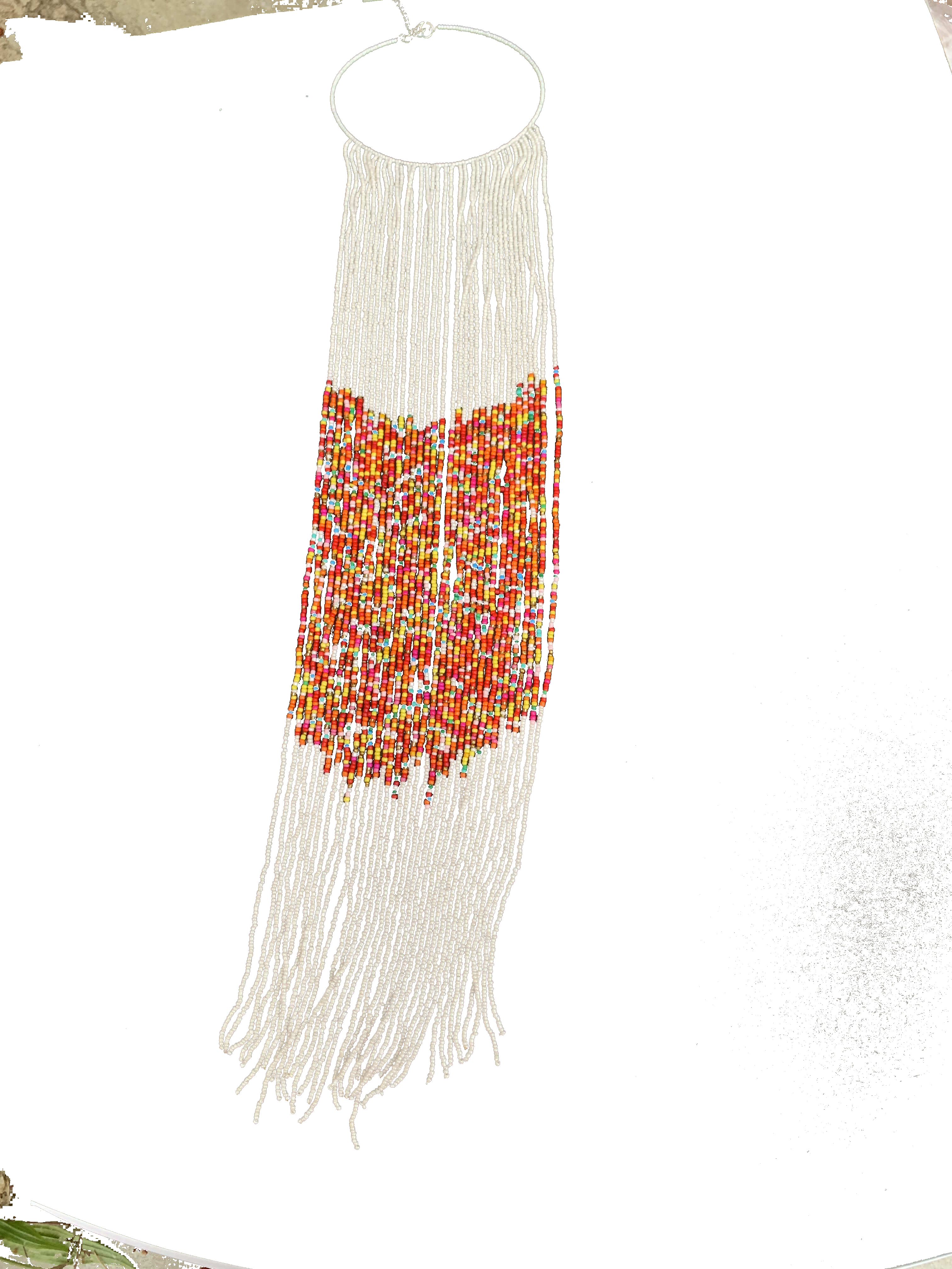Jasikan Fringe Bib — handmade white, orange, fringe beaded statement necklace by Rama, Ghana glass beads, Duncan BC