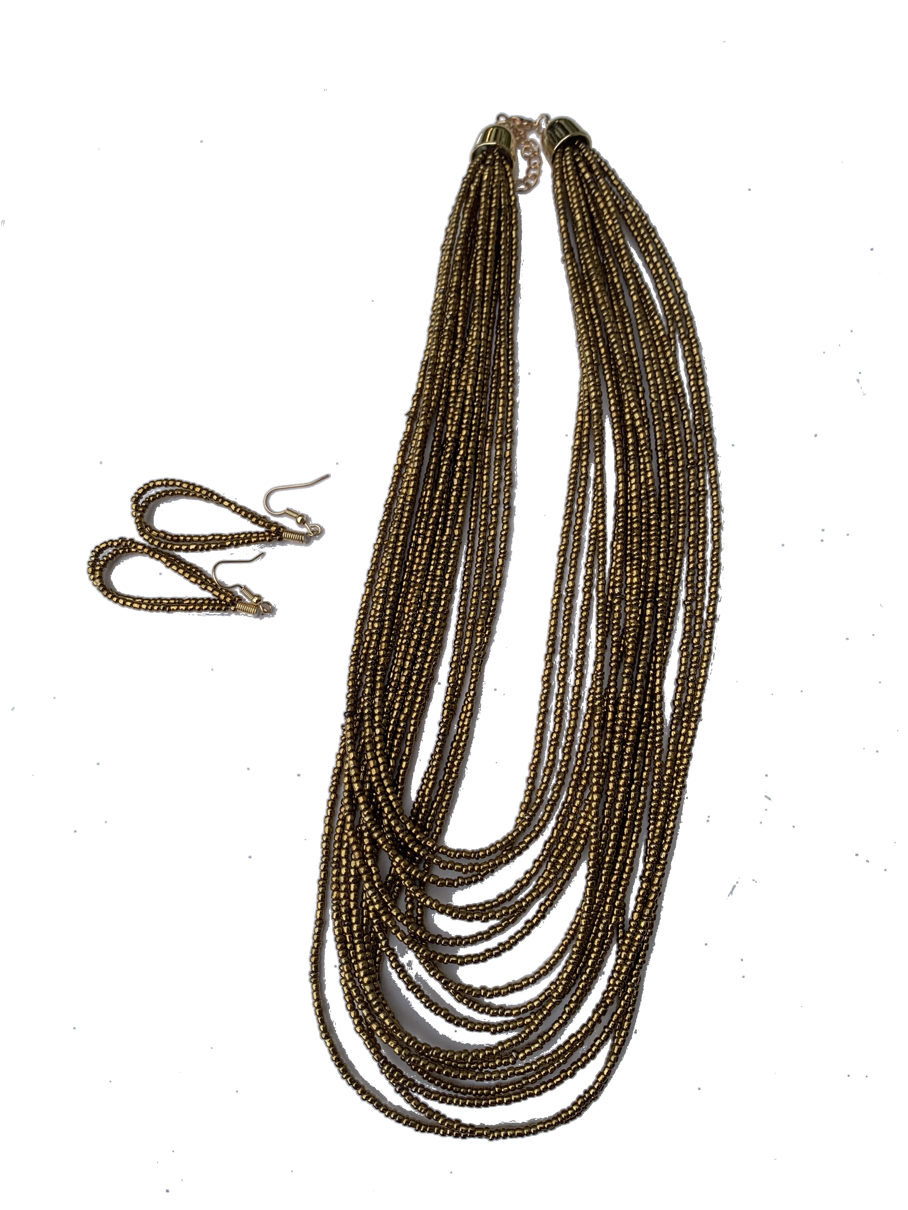 Nkwanta Golden Cascade — handmade gold, brass, long beaded multi-strand necklace by Rama, Ghana glass beads, Duncan BC