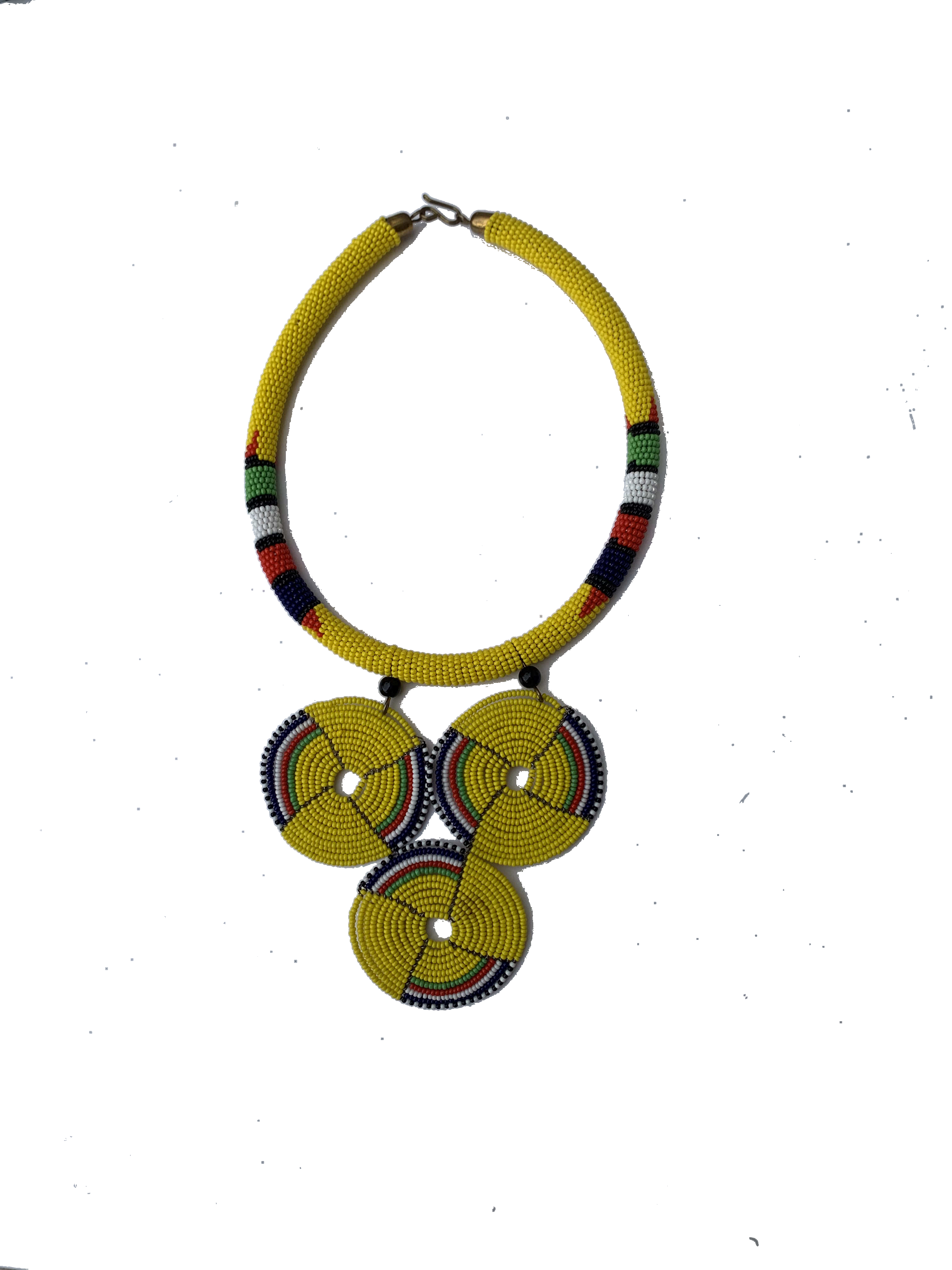 Goaso Sunflower Collar — handmade yellow, multicolor, disc beaded statement necklace by Rama, Ghana glass beads, Duncan BC