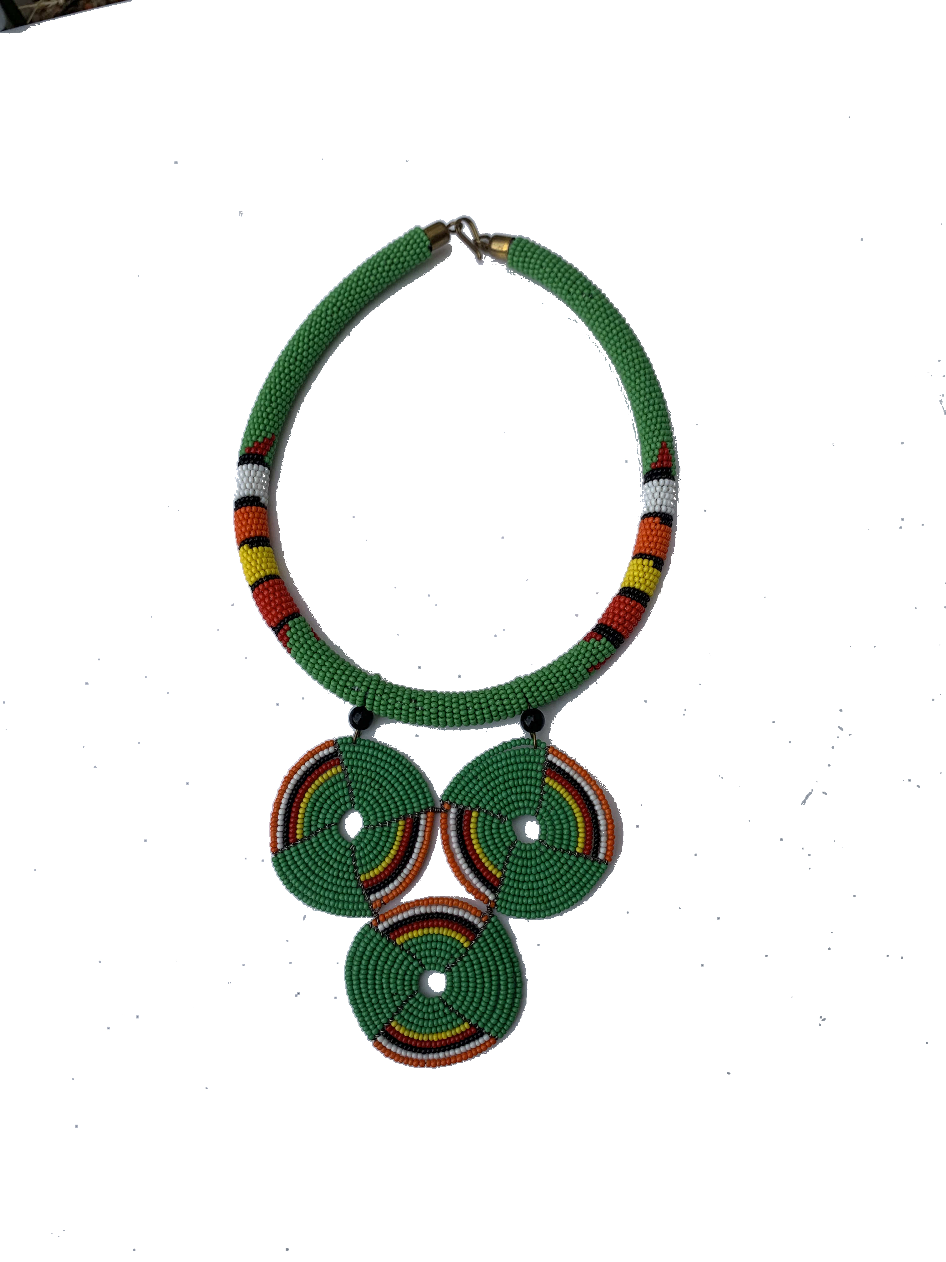 Half Assini Emerald Collar — handmade green, emerald, disc beaded statement necklace by Rama, Ghana glass beads, Duncan BC