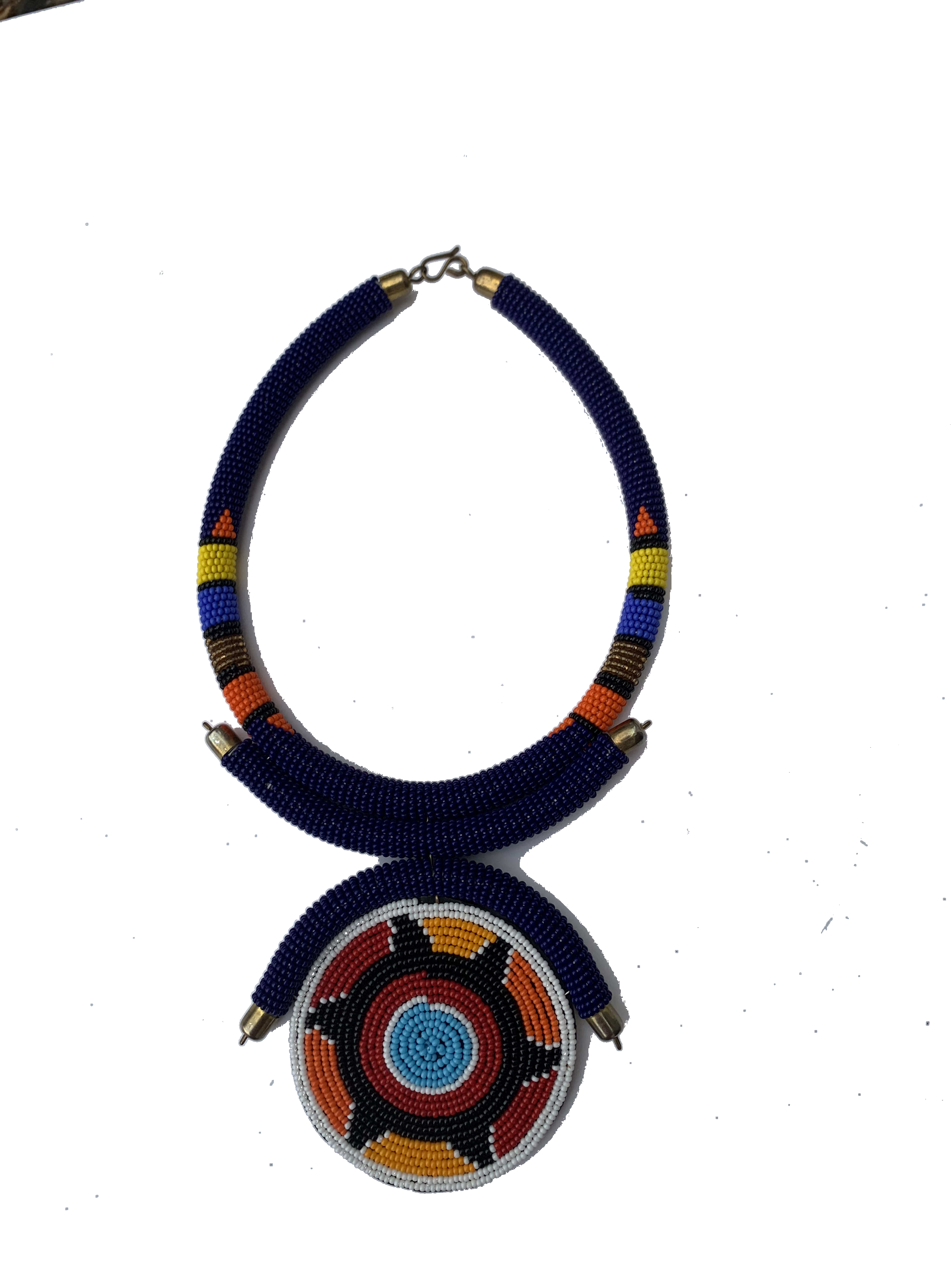 Anloga Indigo Collar — handmade navy, indigo, disc beaded statement necklace by Rama, Ghana glass beads, Duncan BC