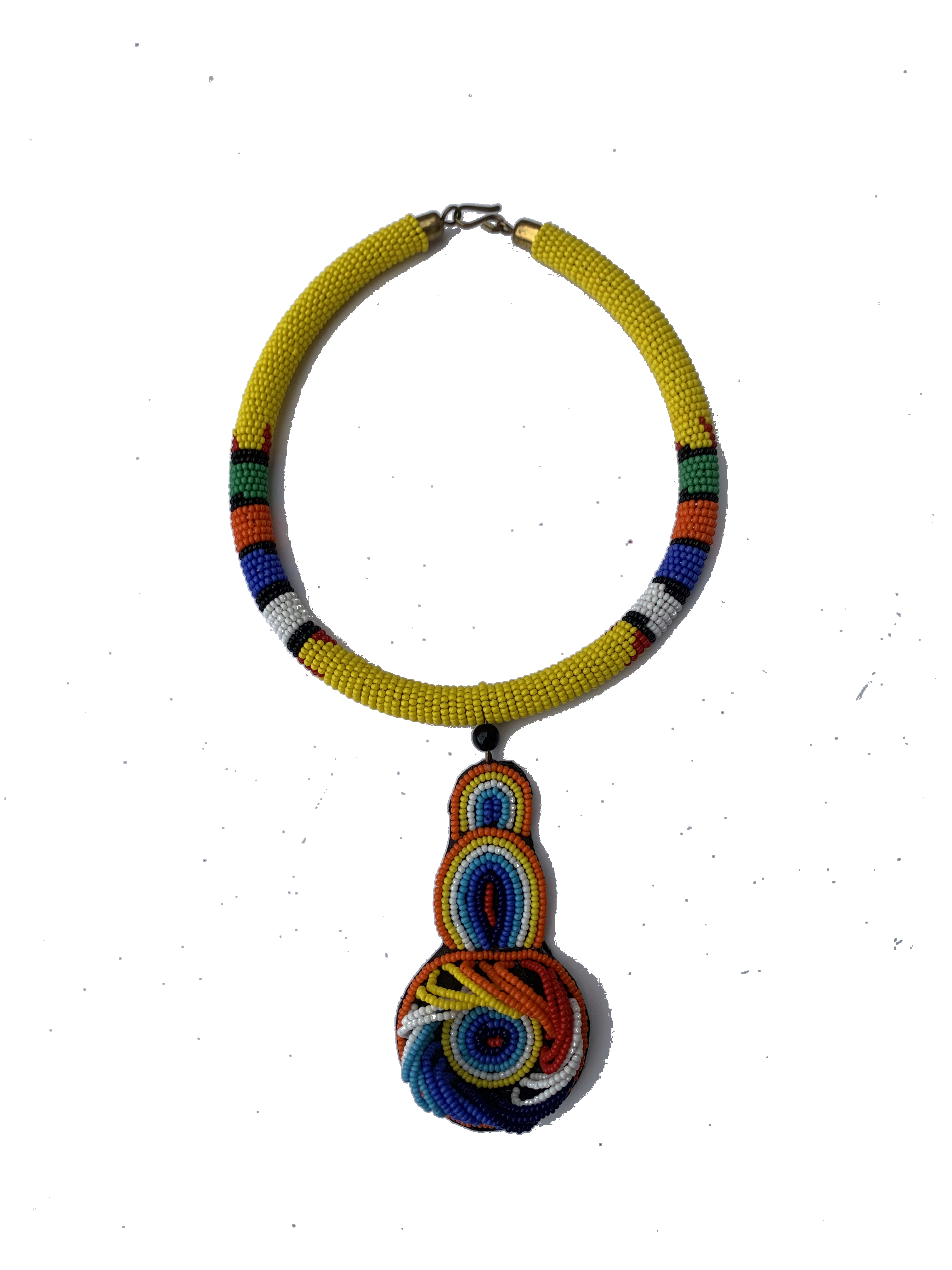 Kete Krachi Amber Collar — handmade yellow, amber, pendant beaded statement necklace by Rama, Ghana glass beads, Duncan BC