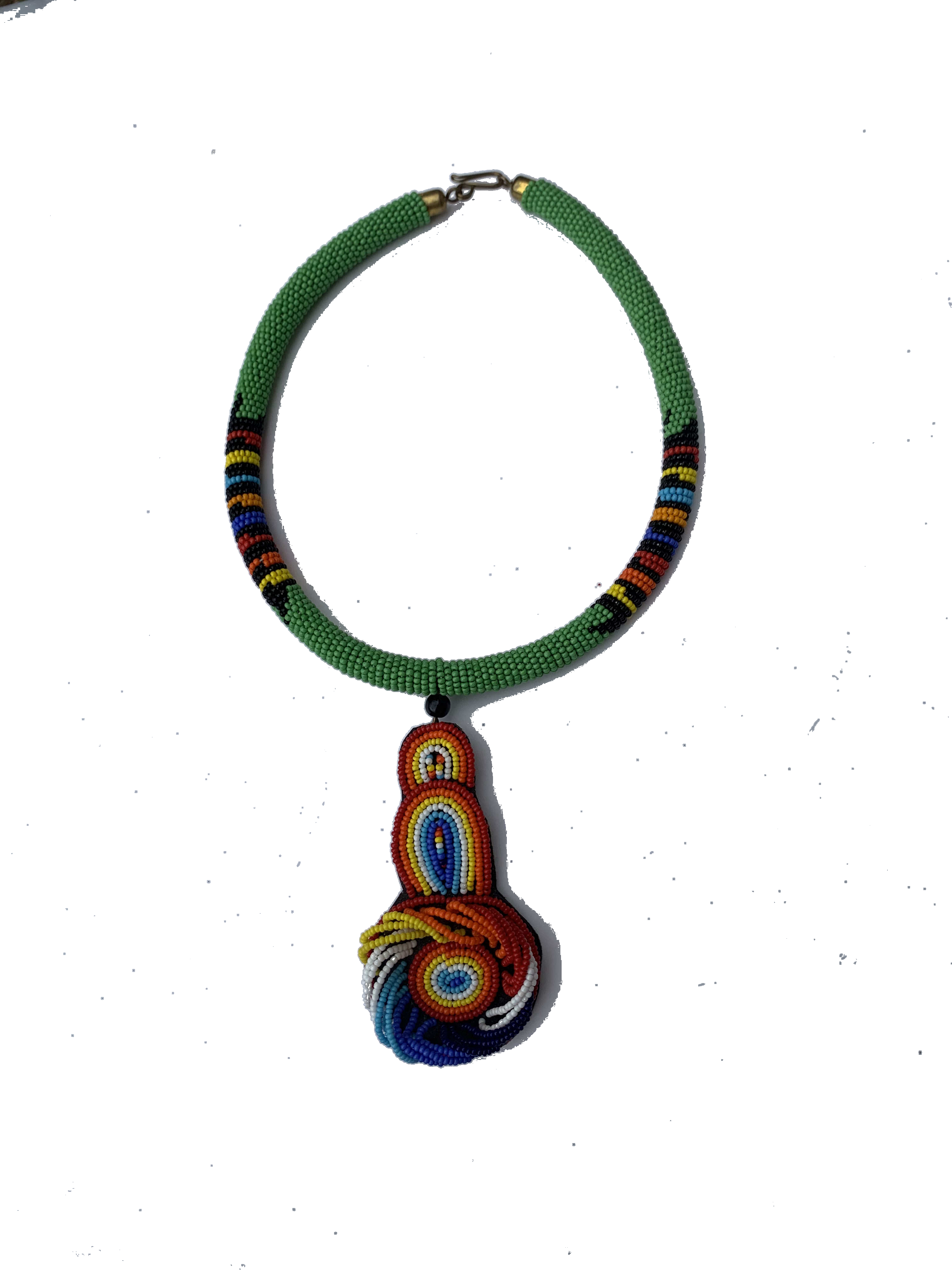 Bimbilla Forest Collar — handmade green, forest, pendant beaded statement necklace by Rama, Ghana glass beads, Duncan BC