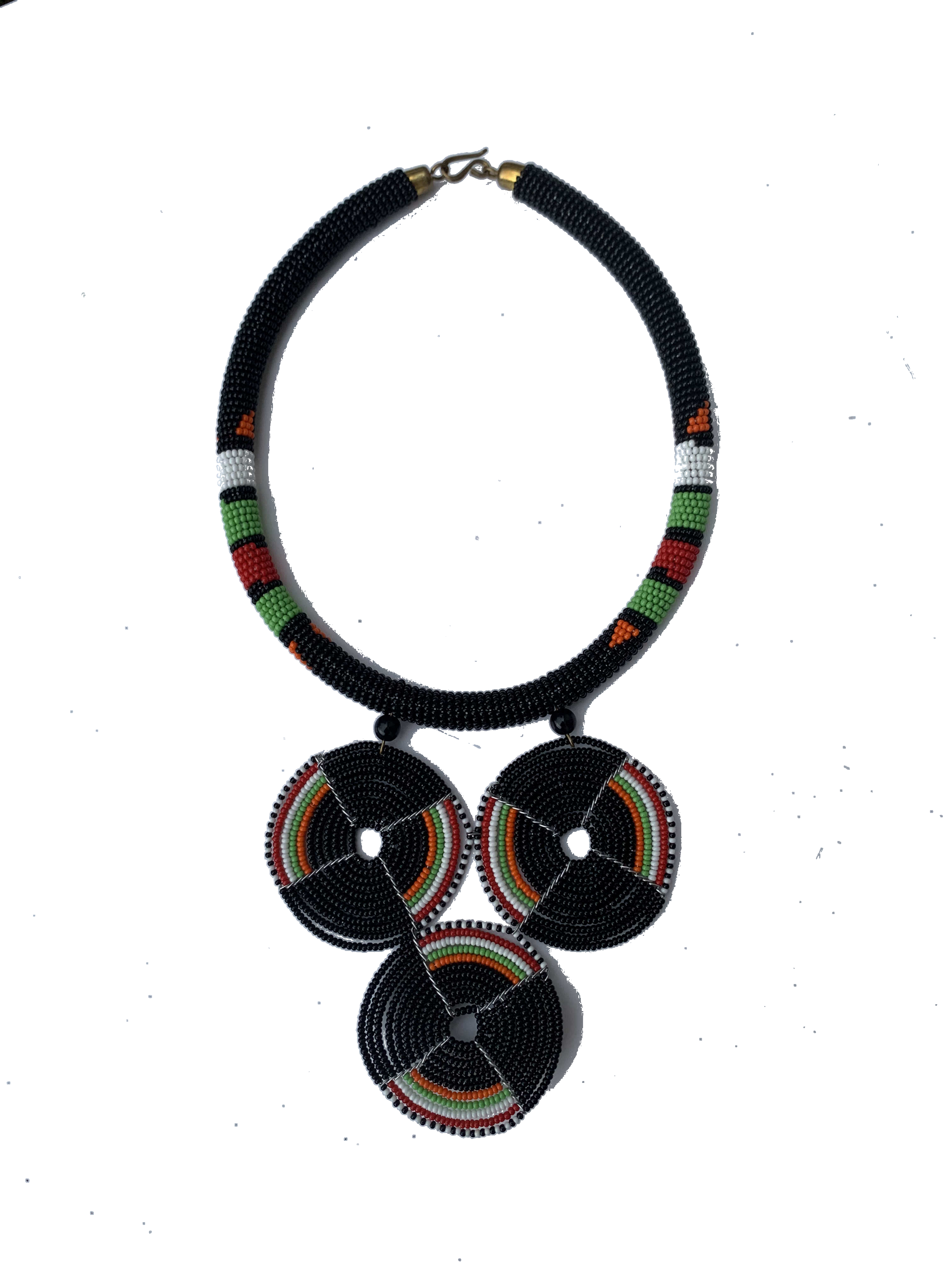 Zebilla Mosaic Collar — handmade black, multicolor, disc beaded statement necklace by Rama, Ghana glass beads, Duncan BC
