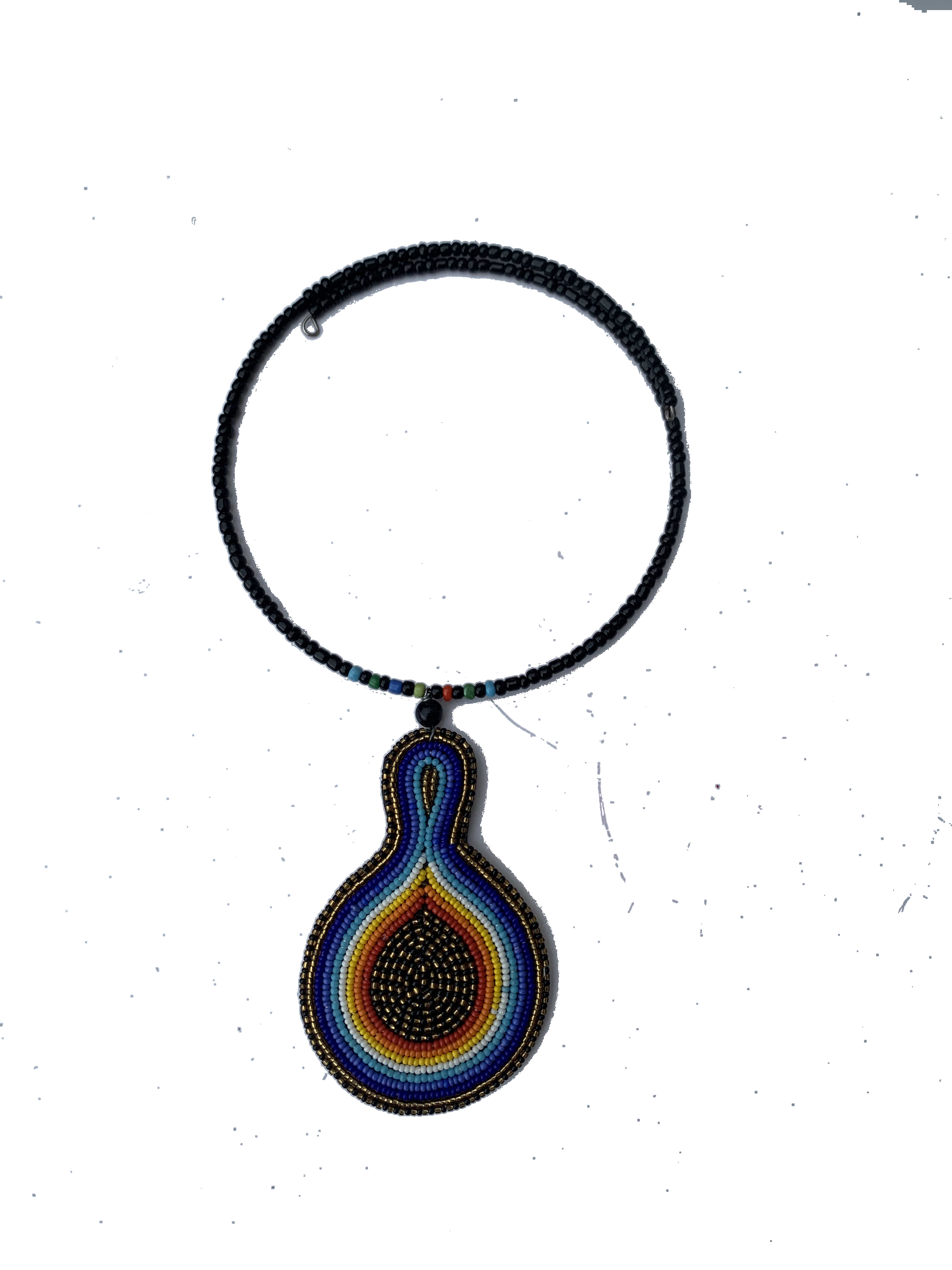 Chereponi Teardrop Collar — handmade black, blue, orange, teardrop beaded statement necklace by Rama, Ghana glass beads, Duncan BC