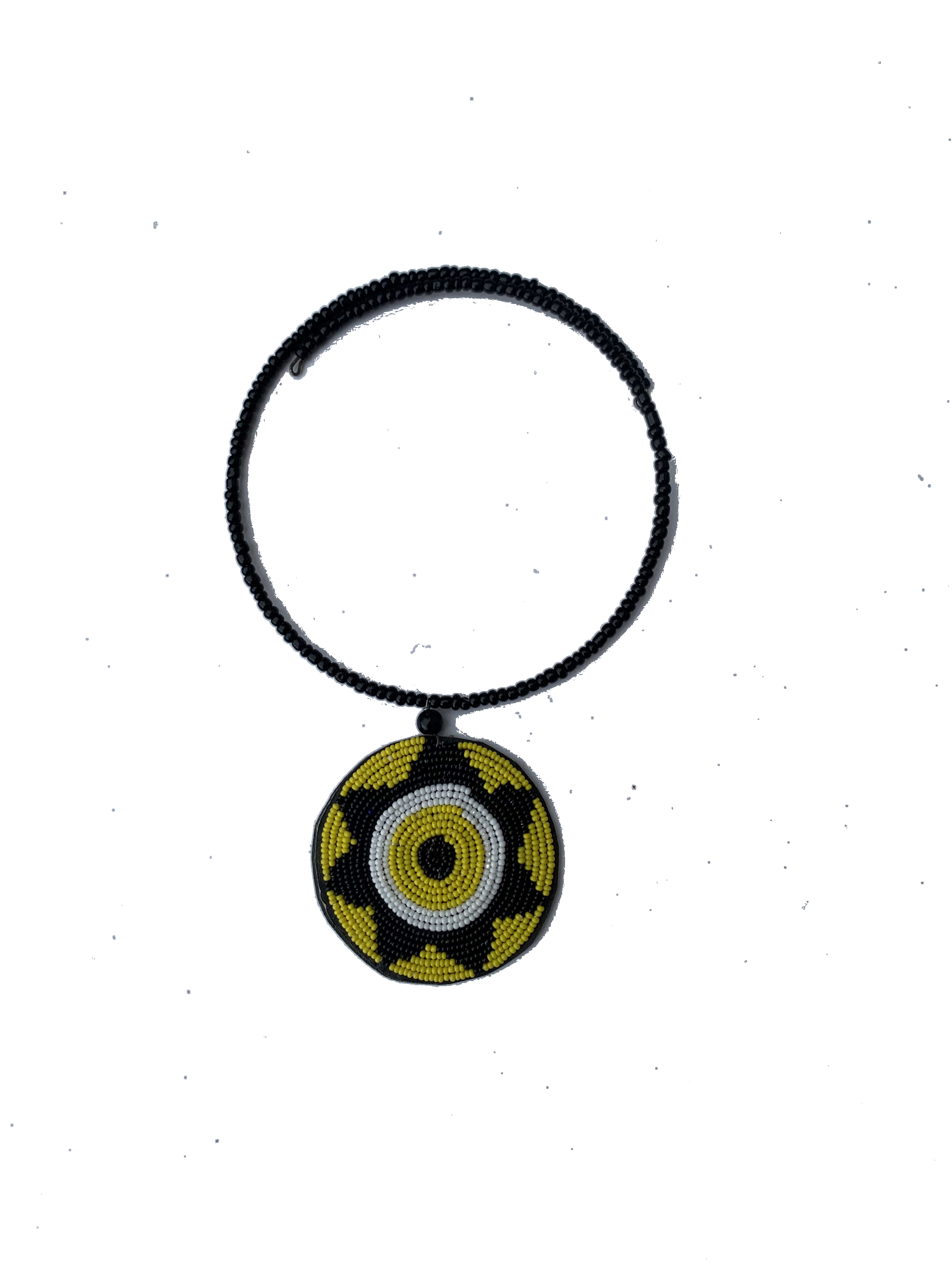 Saboba Sundisc Collar — handmade black, yellow, disc beaded statement necklace by Rama, Ghana glass beads, Duncan BC