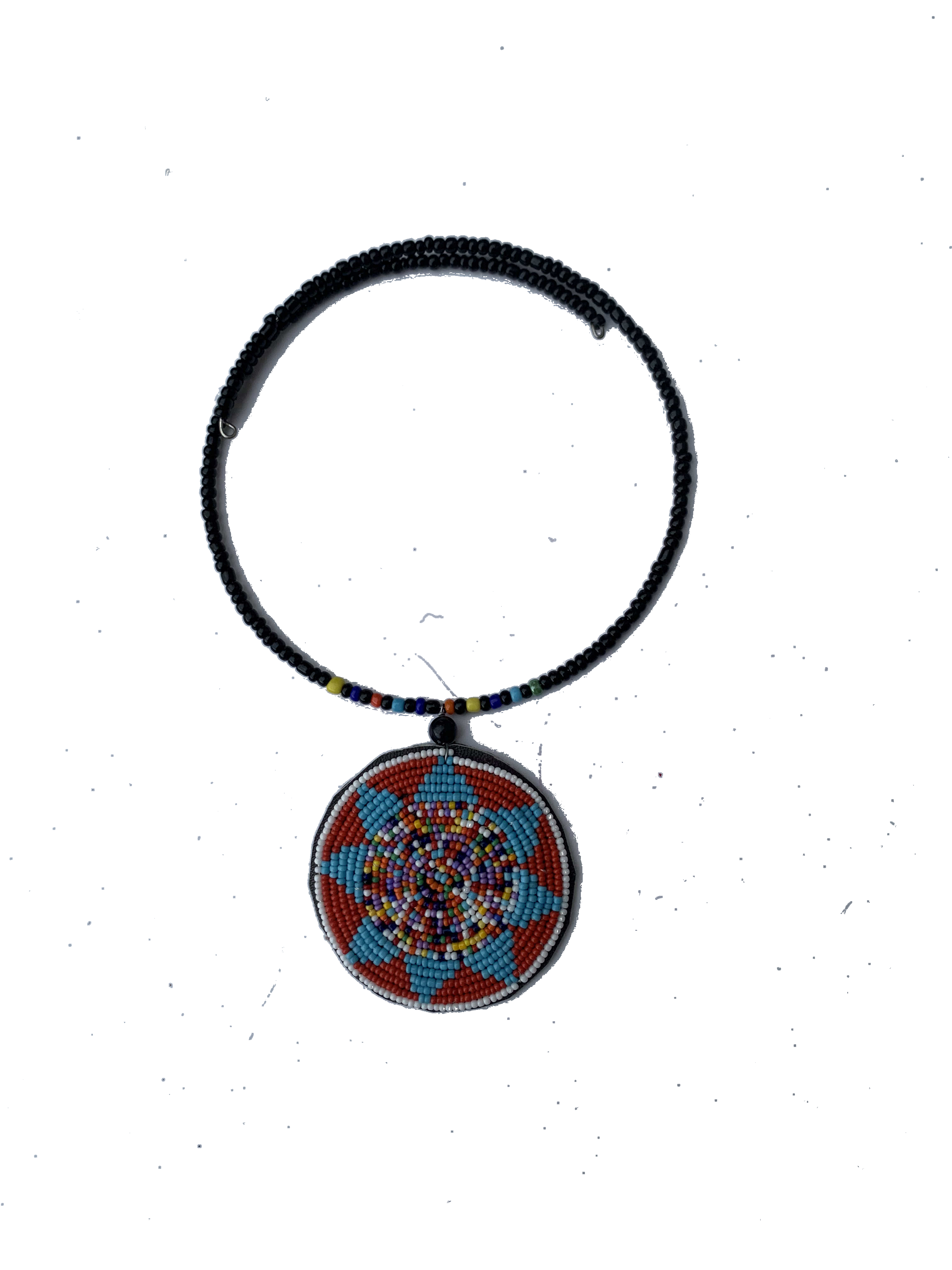 Tumu Mandala Collar — handmade black, orange, blue, mandala beaded statement necklace by Rama, Ghana glass beads, Duncan BC