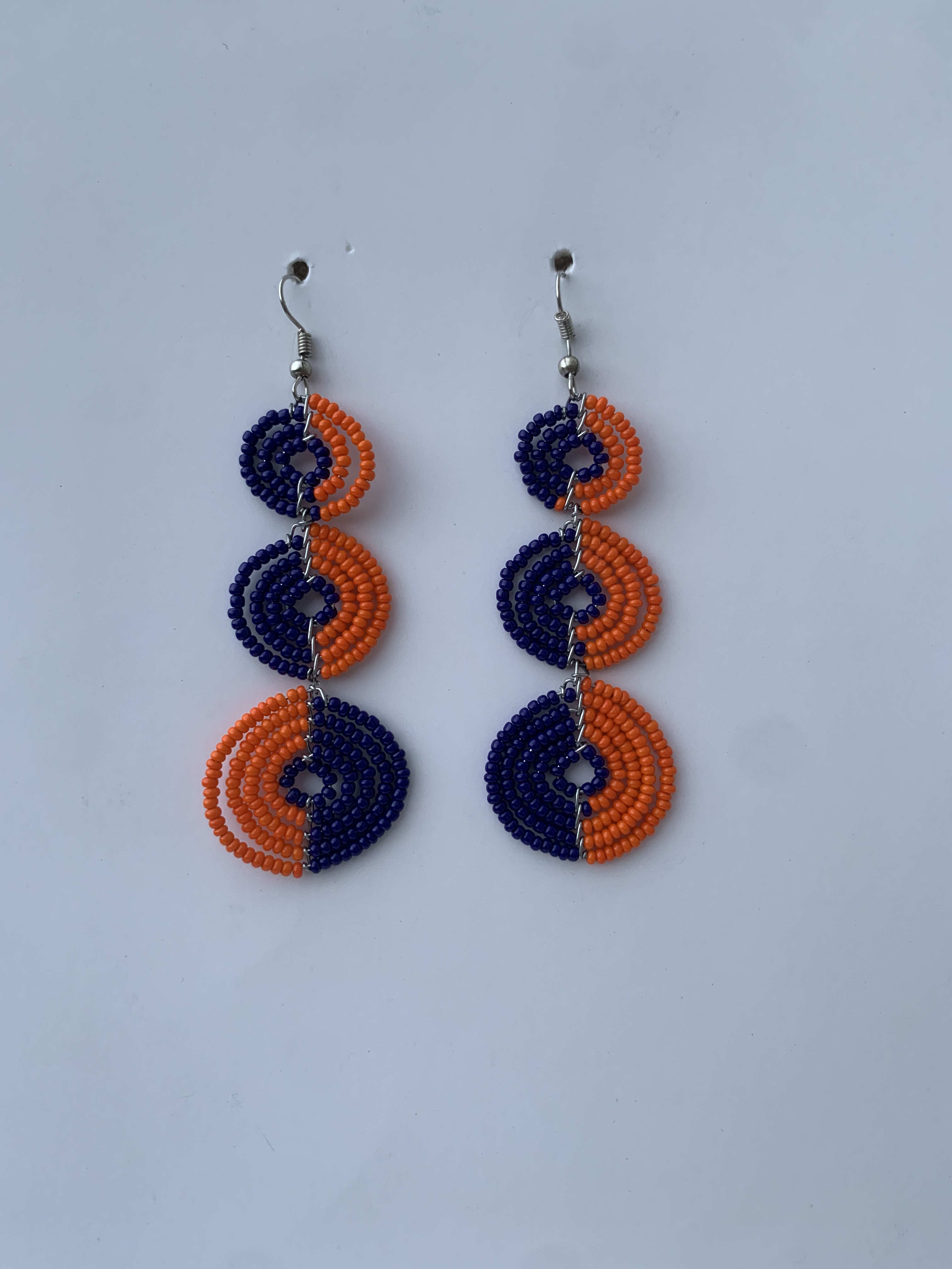 Akwatia Twilight Discs — handmade navy, orange beaded maasai earrings by Rama, Ghana, Duncan BC