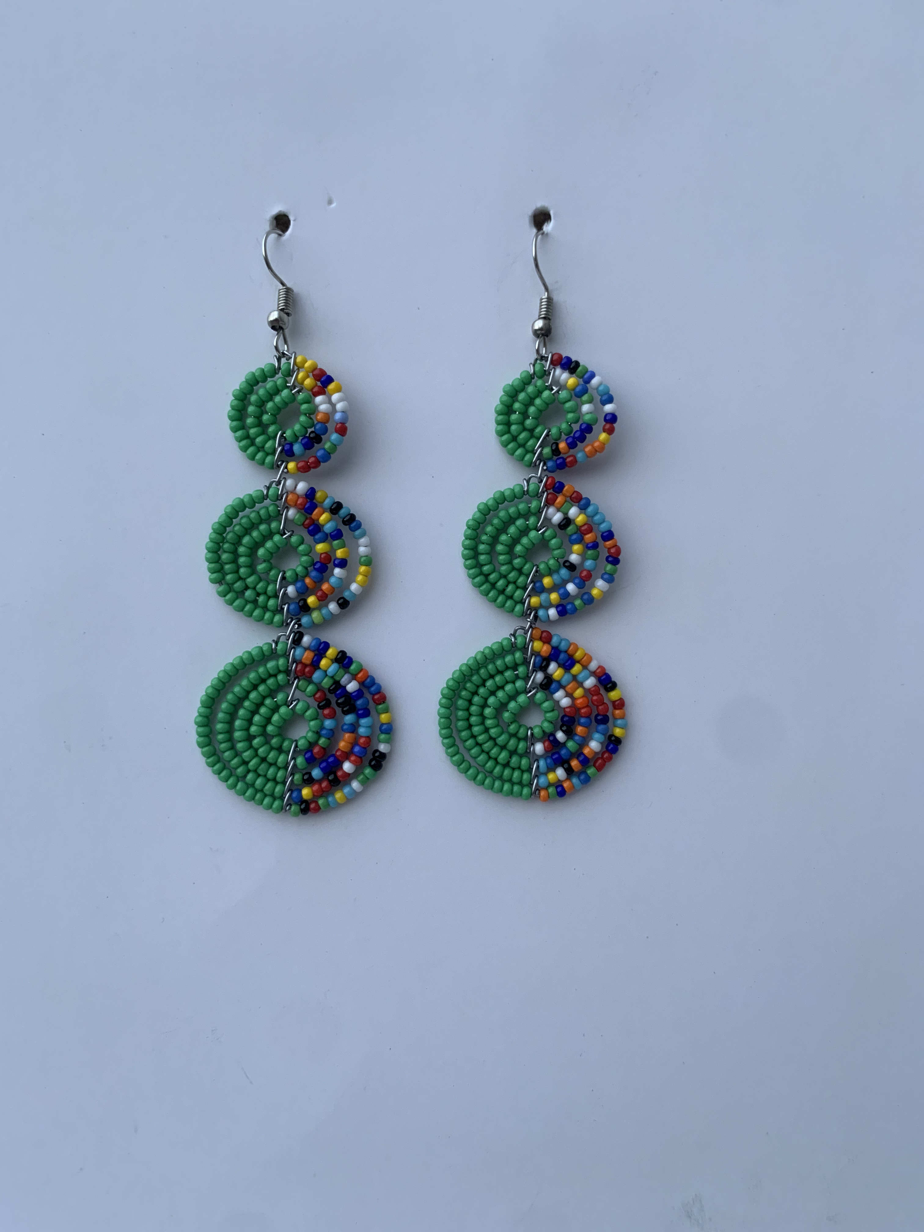 Kade Meadow Discs — handmade green, blue, multicolor beaded maasai earrings by Rama, Ghana, Duncan BC
