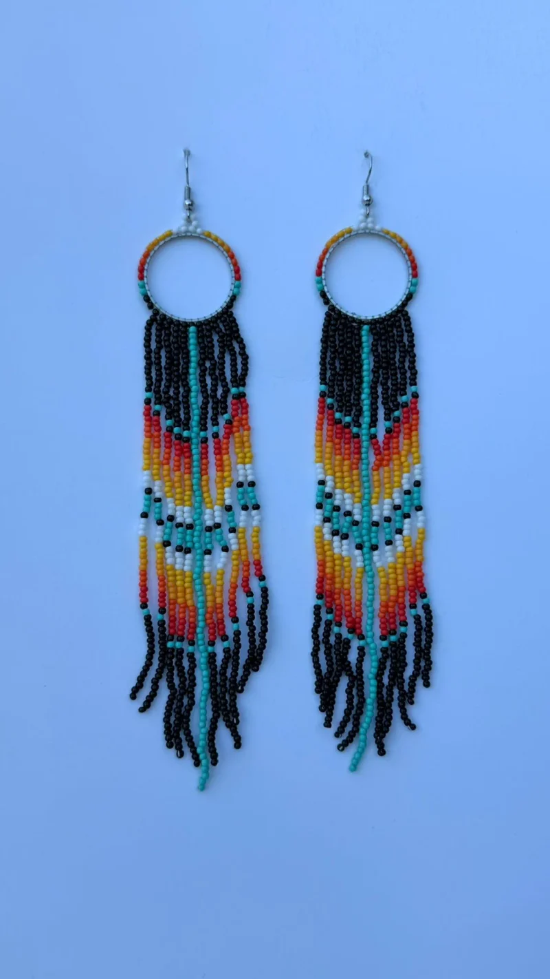 Accra Teal Cascade — handmade white beaded fringe, teal, red, yellow beaded drop earrings by Rama, Ghana glass beads, Duncan BC