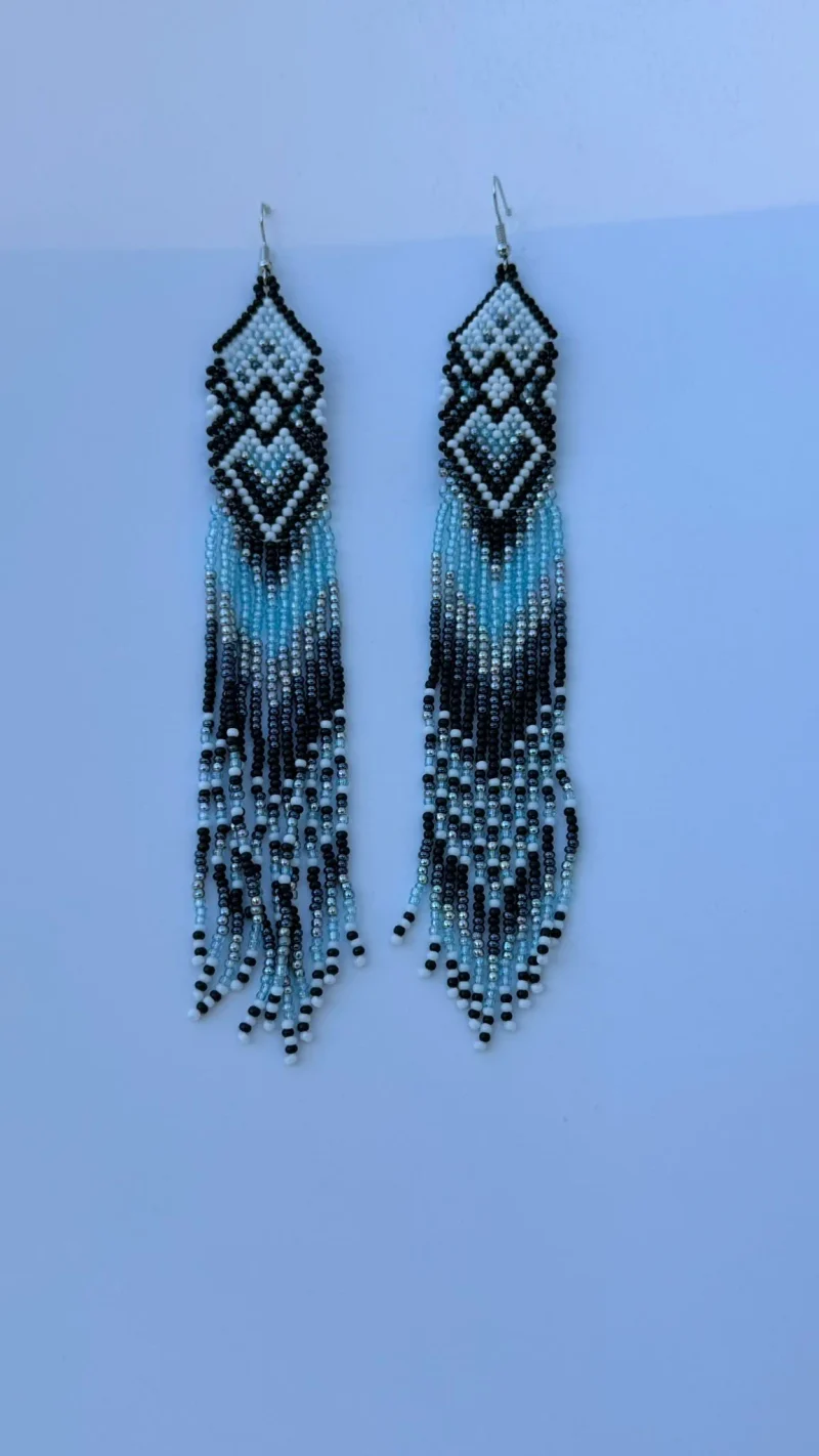 Volta Teal Cascade — handmade teal green, black, white beaded earrings by Rama, Ghana glass beads, Duncan BC