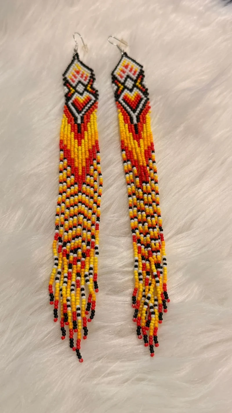 Tamale Ember Fringe — handmade deep burgundy red, burnt orange, navy blue, white beaded earrings by Rama, Ghana glass beads, Duncan BC