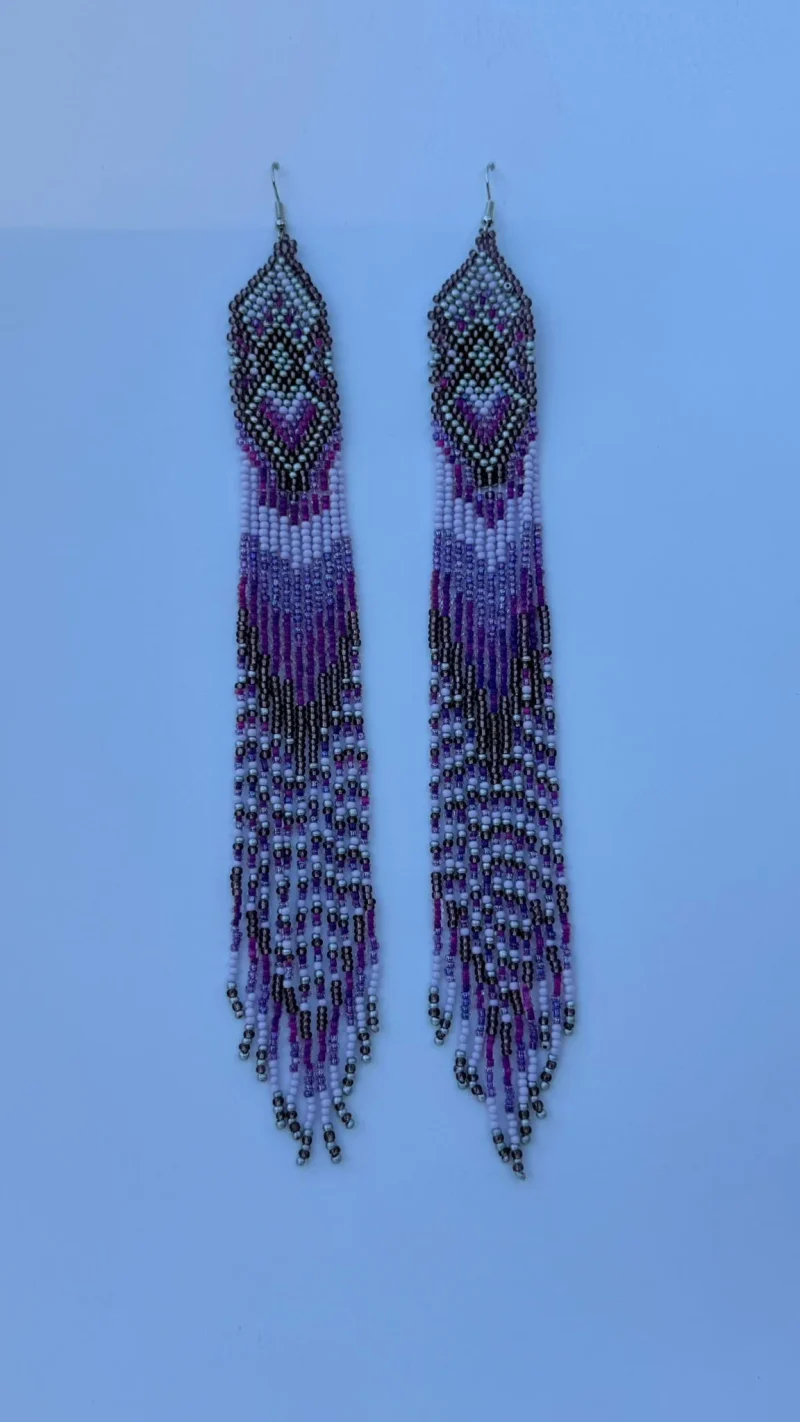 Kumasi Purple Fringe — handmade deep purple, black, light purple, silver beaded earrings by Rama, Ghana glass beads, Duncan BC