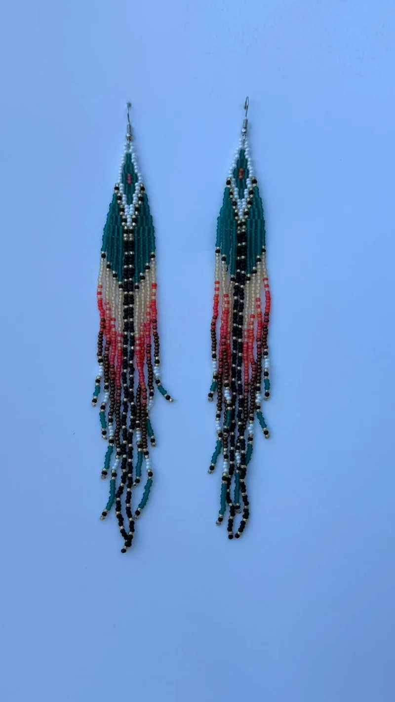 Volta Chevron Fringe — handmade teal green, black, coral, ivory beaded earrings by Rama, Ghana glass beads, Duncan BC
