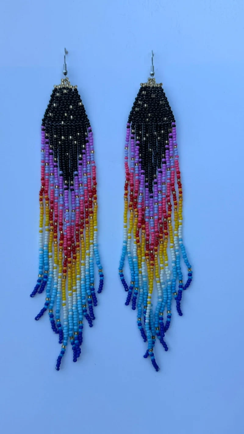 Accra Rainbow Fringe — handmade black bead base, purple, red, yellow, blue, gold beaded earrings by Rama, Ghana glass beads, Duncan BC