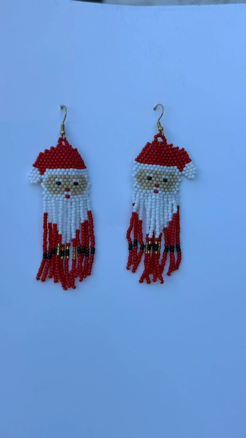 Kumasi Santa Drop — handmade deep red, white, black, gold, flesh tone beaded earrings by Rama, Ghana glass beads, Duncan BC