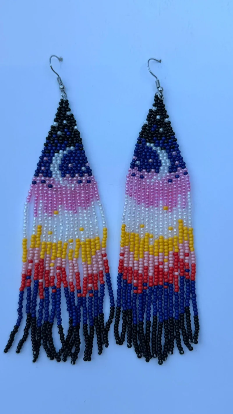 Elmina Moon Fringe — handmade midnight blue, black, pink, white, yellow, red beaded earrings by Rama, Ghana glass beads, Duncan BC
