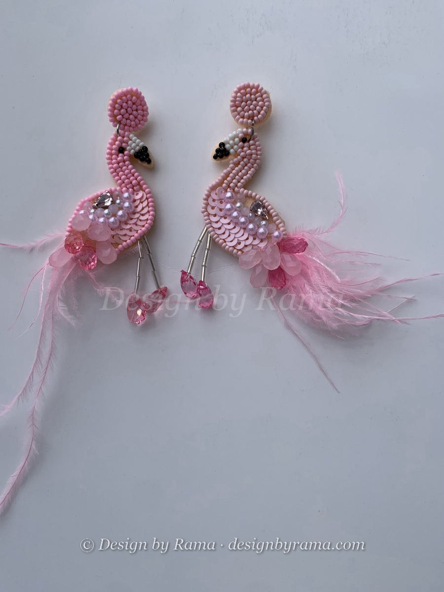 Asamankese Flamingo Drop — handmade pink, blush beaded novelty earrings by Rama, Ghana glass beads, Duncan BC