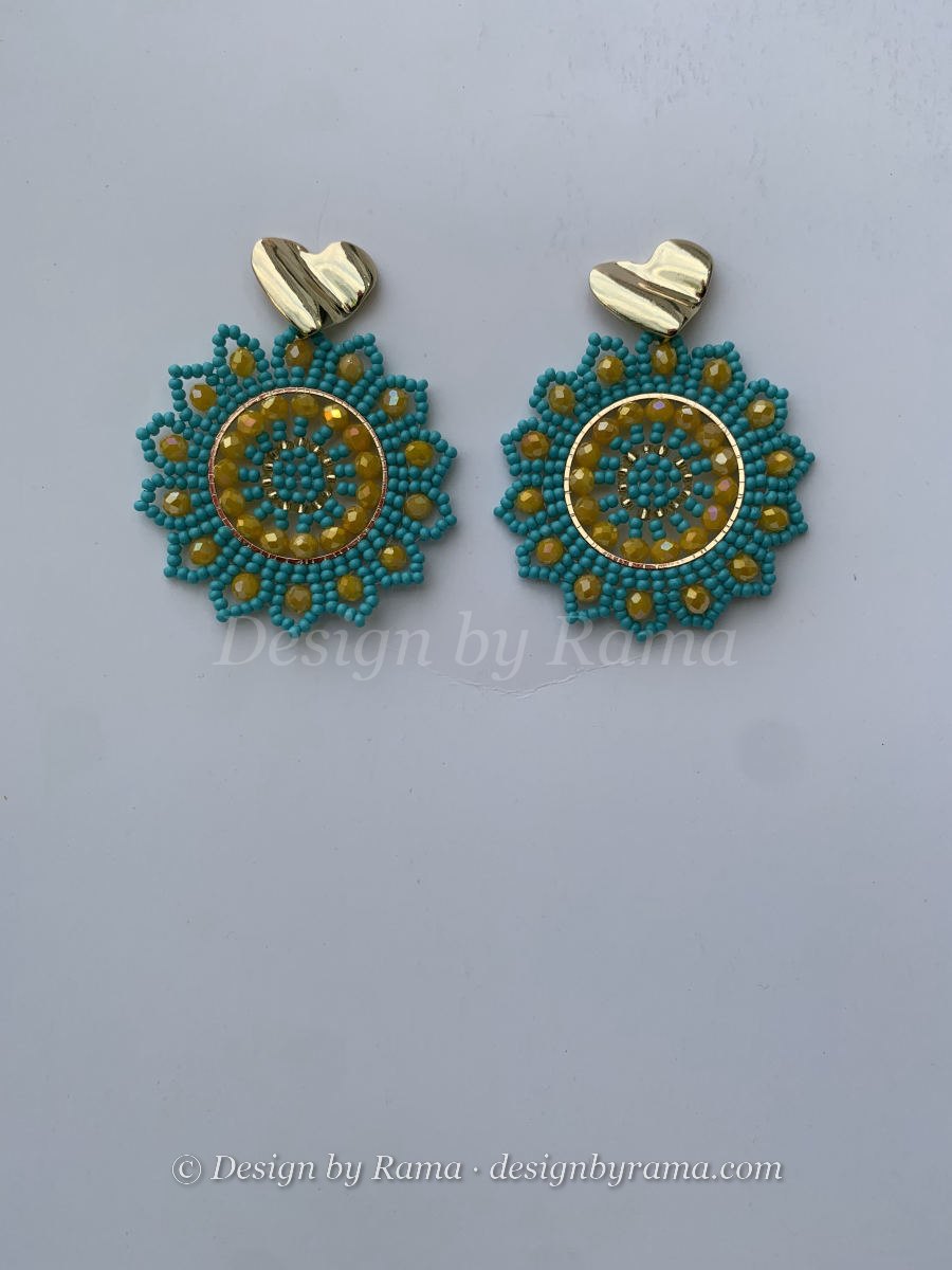 Lawra Teal Mandala — handmade gold, teal, turquoise beaded mandala earrings by Rama, Ghana glass beads, Duncan BC
