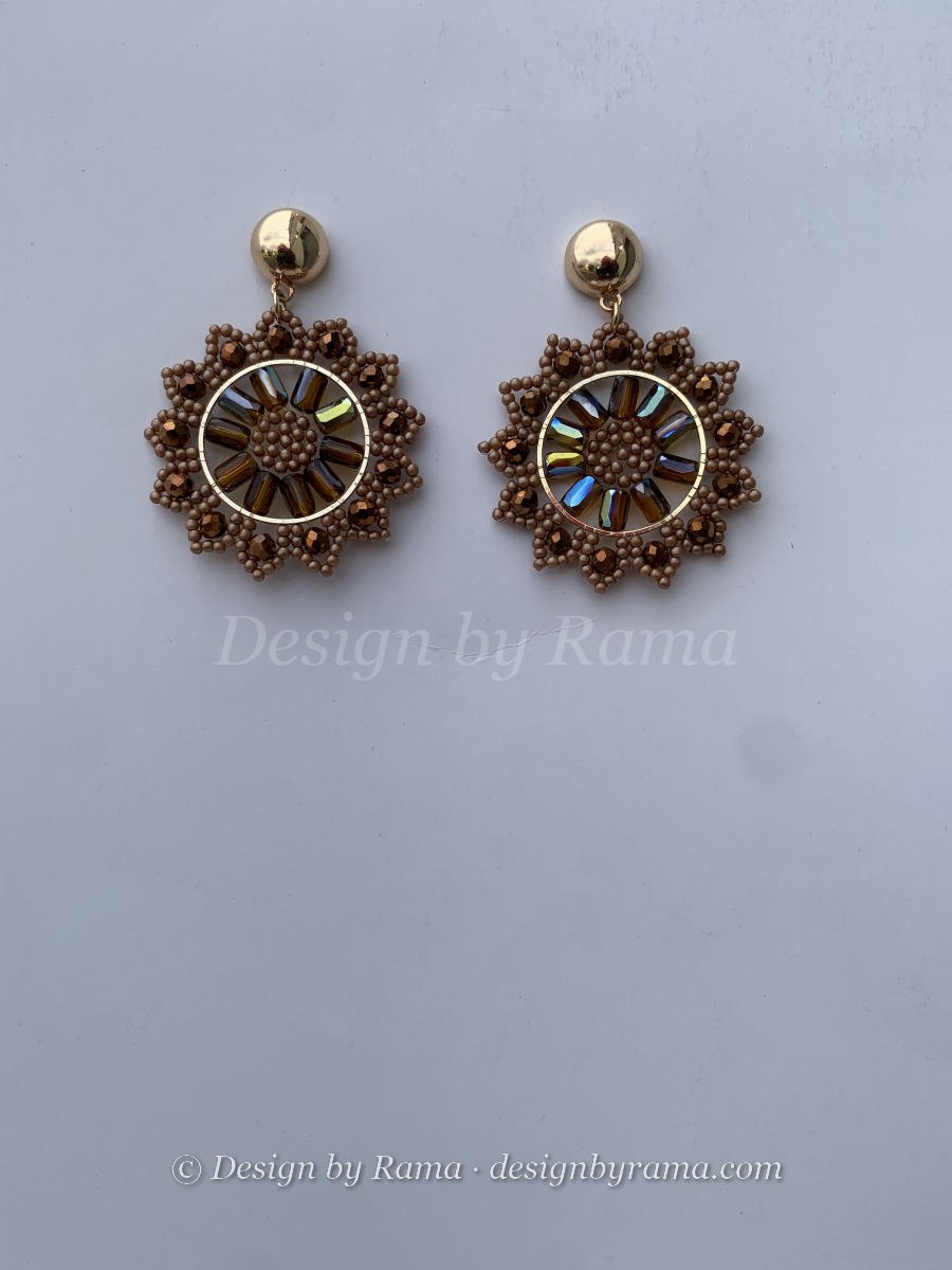 Navrongo Bronze Mandala — handmade gold, bronze, tan beaded mandala earrings by Rama, Ghana glass beads, Duncan BC