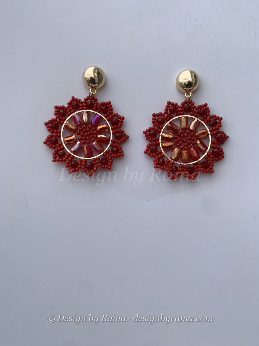 Damongo Red Mandala — handmade gold, red, orange beaded mandala earrings by Rama, Ghana glass beads, Duncan BC