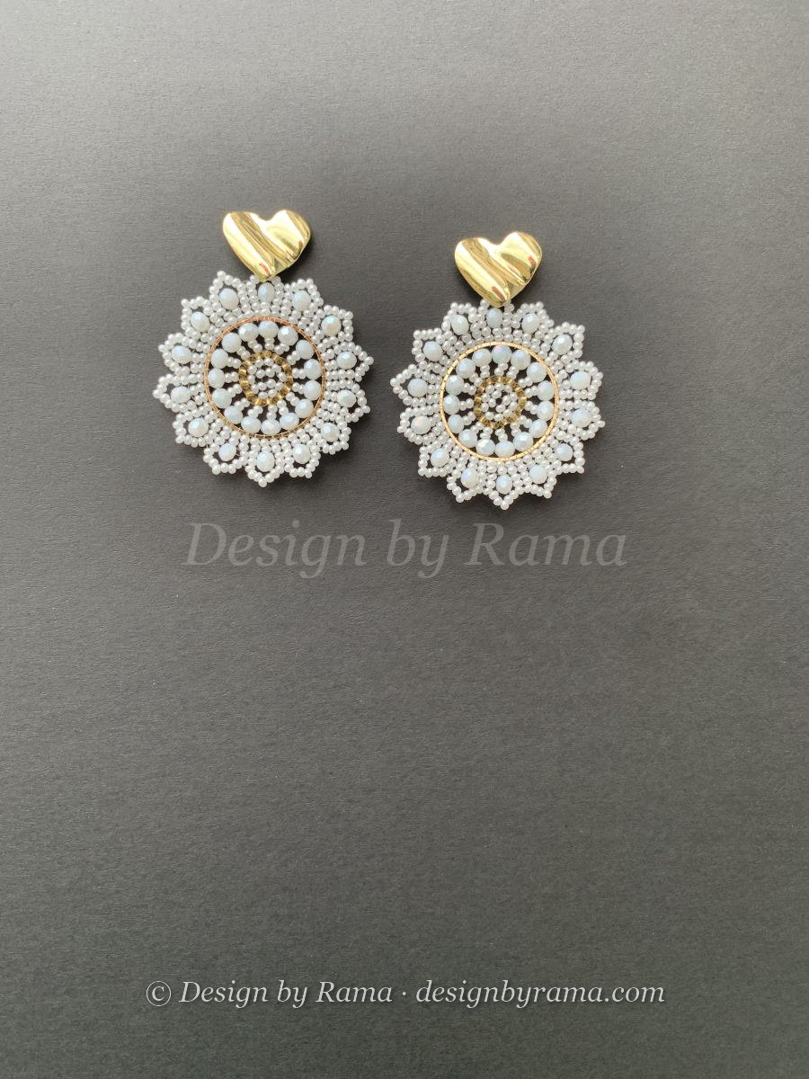 Koforidua Pearl Mandala — handmade white, pearl, gold, golden beaded mandala earrings by Rama, Ghana glass beads, Duncan BC