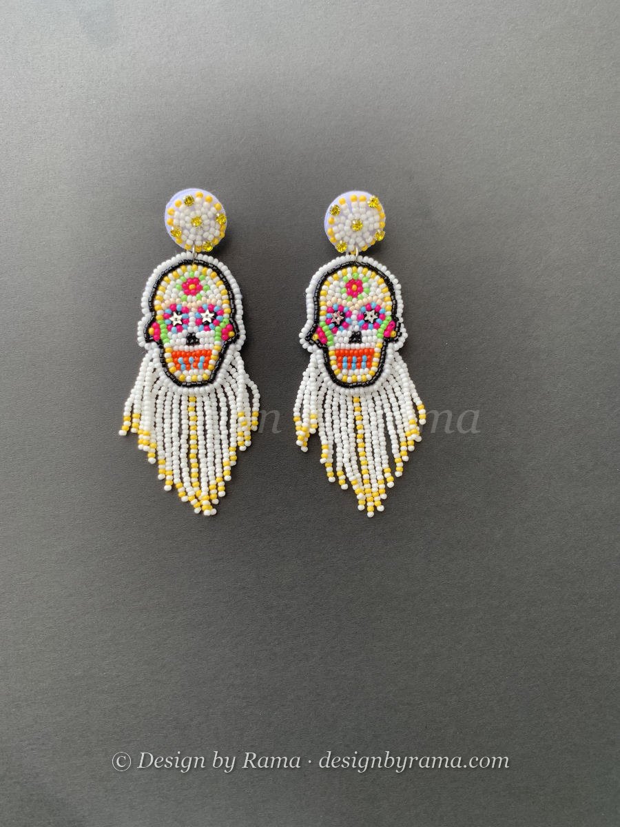 Ofinso Skull Fringe — handmade white, yellow beaded novelty earrings by Rama, Ghana glass beads, Duncan BC
