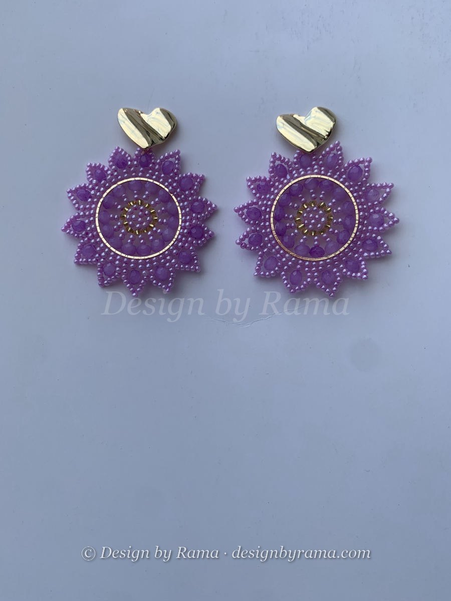 Tarkwa Lavender Mandala — handmade gold, purple, lavender beaded mandala earrings by Rama, Ghana glass beads, Duncan BC
