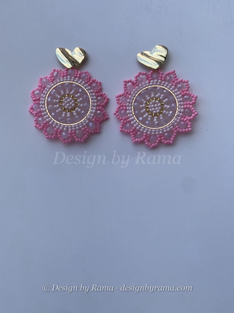 Bogoso Rose Mandala — handmade gold, rose, pink, blush beaded mandala earrings by Rama, Ghana glass beads, Duncan BC