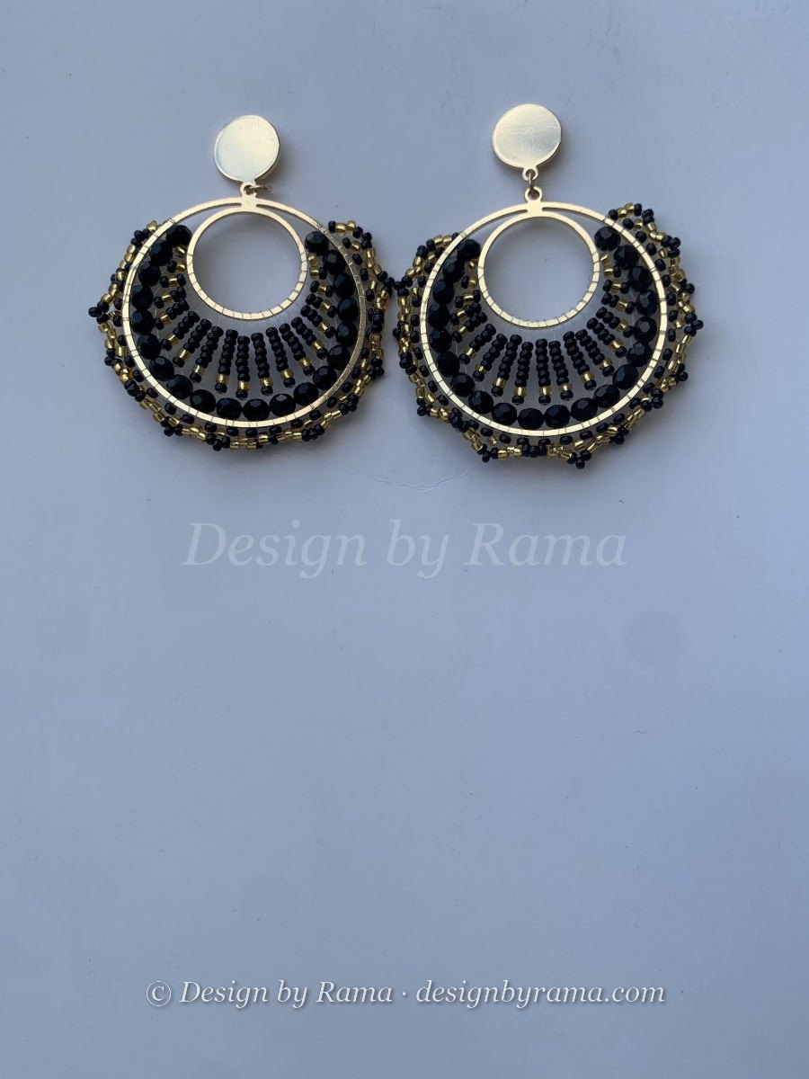 Nkawkaw Black Fan — handmade black, gold beaded hoop earrings by Rama, Ghana glass beads, Duncan BC