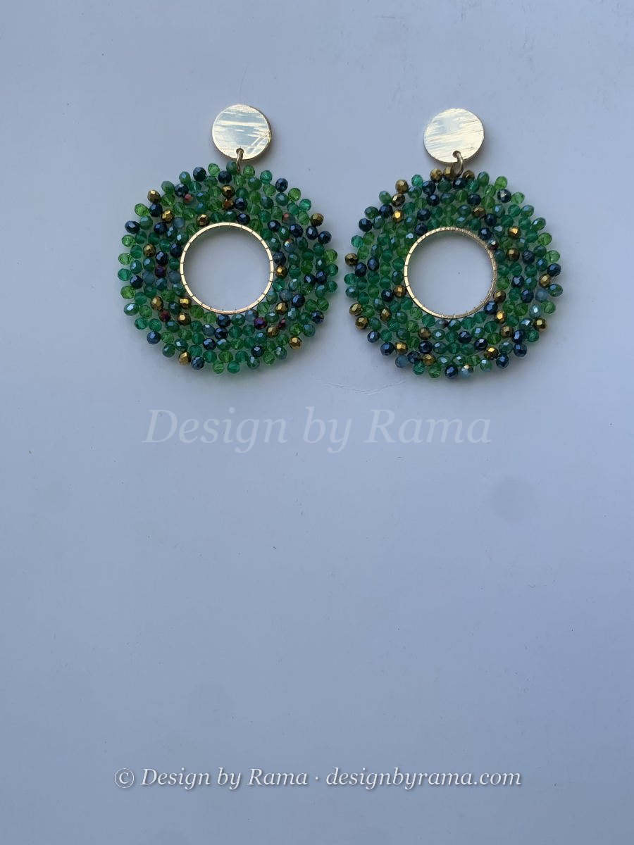 Dormaa Emerald Hoop — handmade black, gold, green, emerald beaded hoop earrings by Rama, Ghana glass beads, Duncan BC