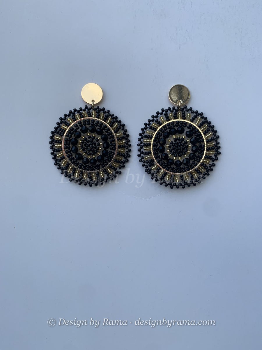 Tema Black Mandala — handmade black, gold beaded mandala earrings by Rama, Ghana glass beads, Duncan BC