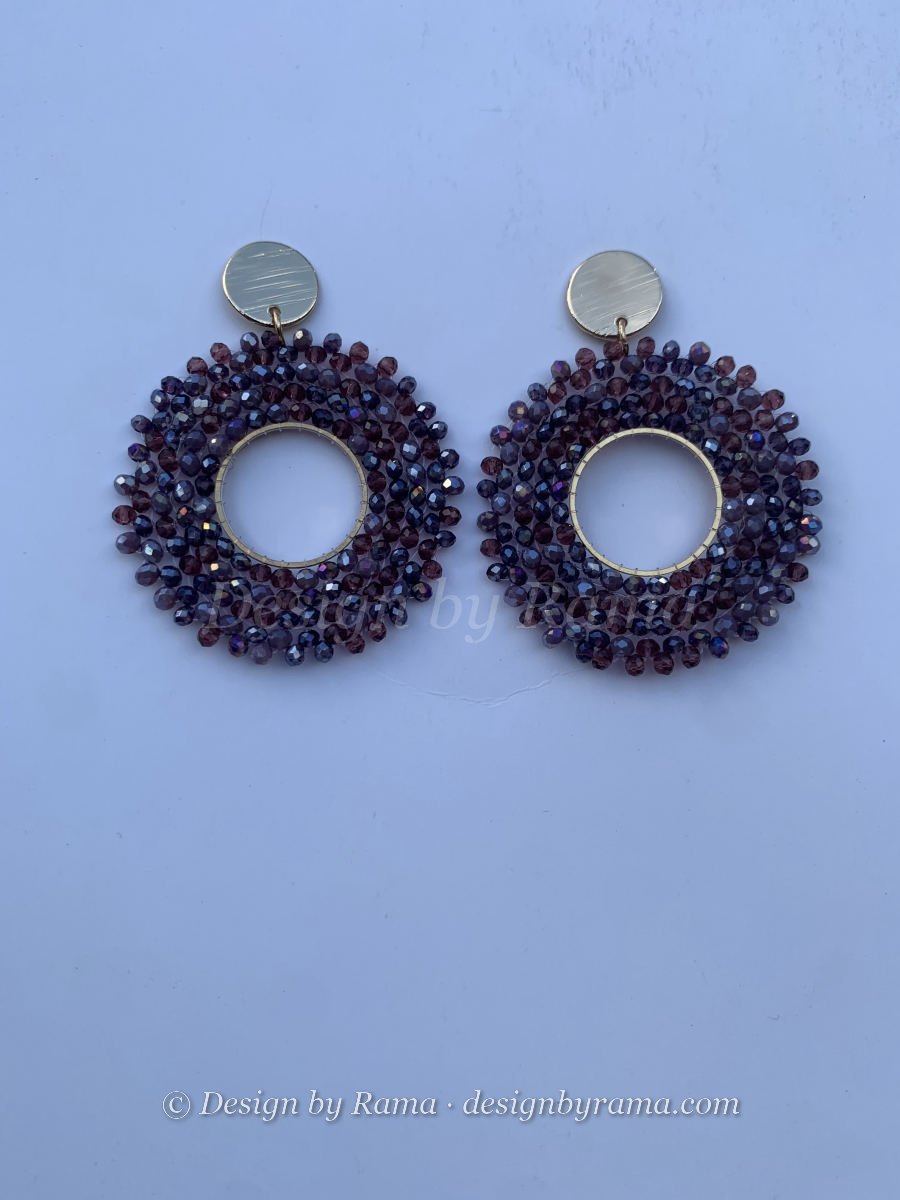 Sunyani Plum Hoop — handmade gold, plum, mauve beaded hoop earrings by Rama, Ghana glass beads, Duncan BC