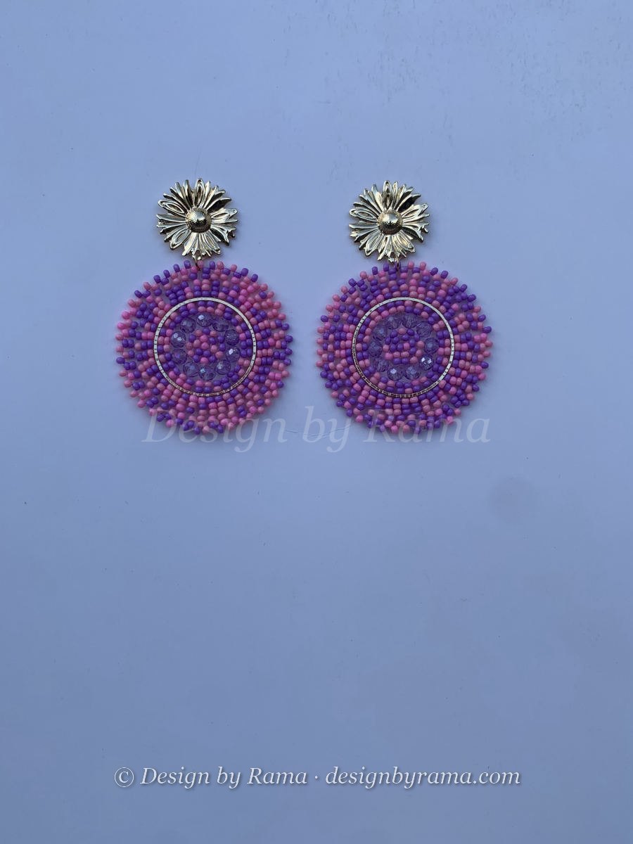 Nsawam Bloom Disc — handmade silver, pink, purple beaded disc earrings by Rama, Ghana glass beads, Duncan BC