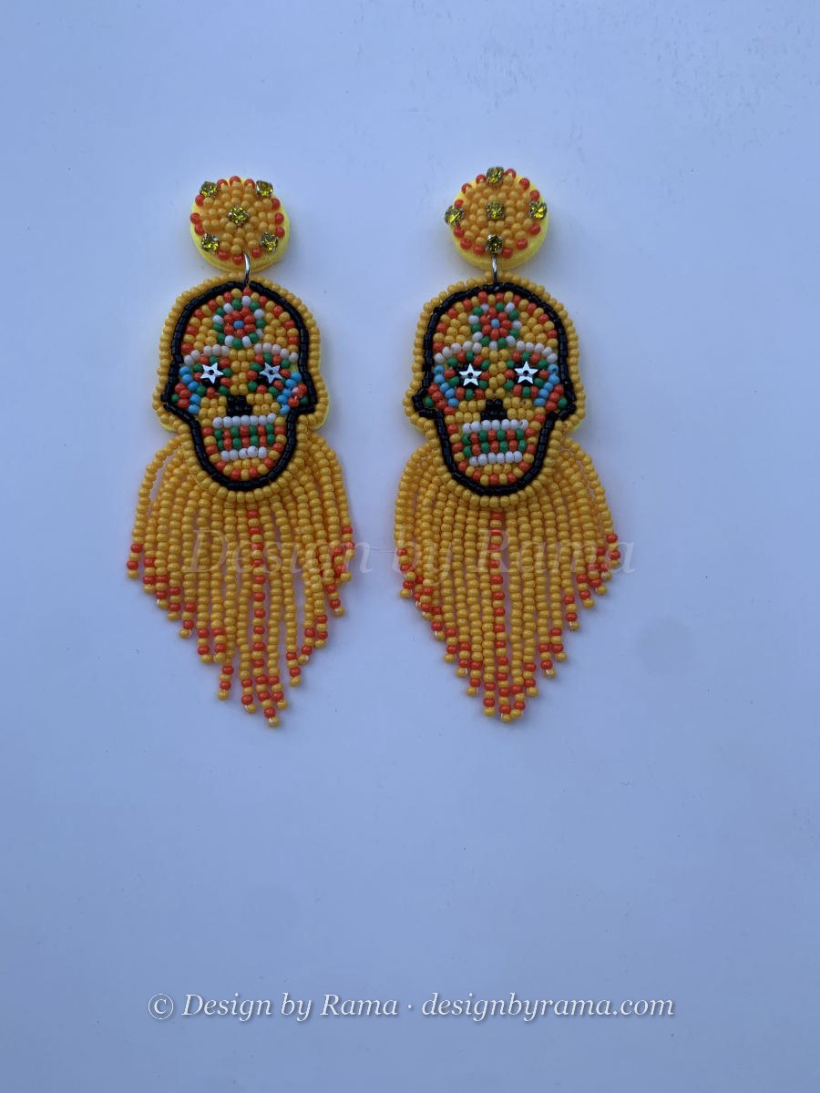 Goaso Skull Fringe — handmade orange, yellow beaded novelty earrings by Rama, Ghana glass beads, Duncan BC