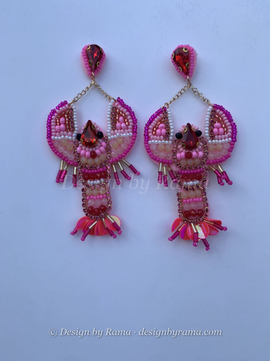 Begoro Lobster Drop — handmade gold, pink, fuchsia beaded novelty earrings by Rama, Ghana glass beads, Duncan BC