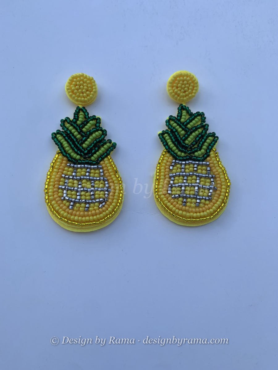 Suhum Pineapple Drop — handmade silver, yellow, green beaded novelty earrings by Rama, Ghana glass beads, Duncan BC