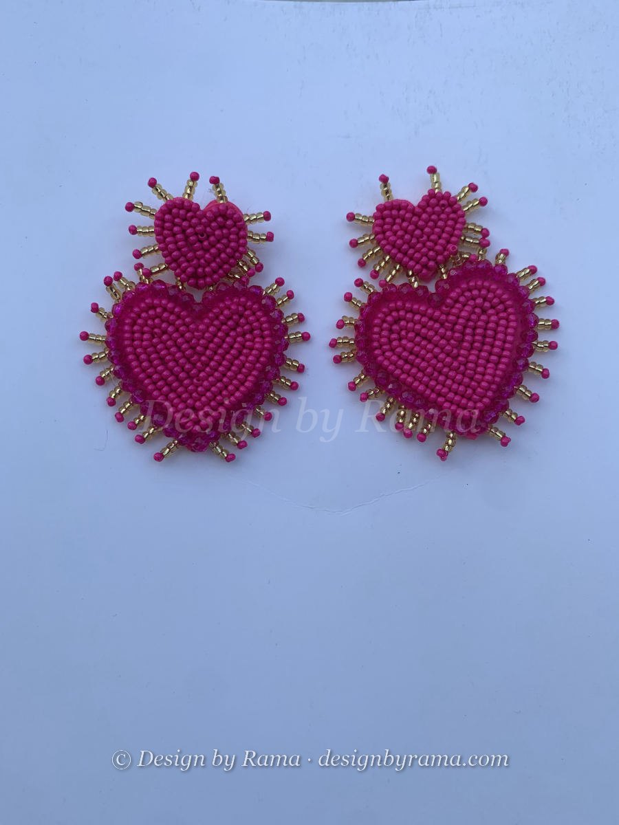 Wenchi Sacred Heart — handmade gold, fuchsia beaded novelty earrings by Rama, Ghana glass beads, Duncan BC