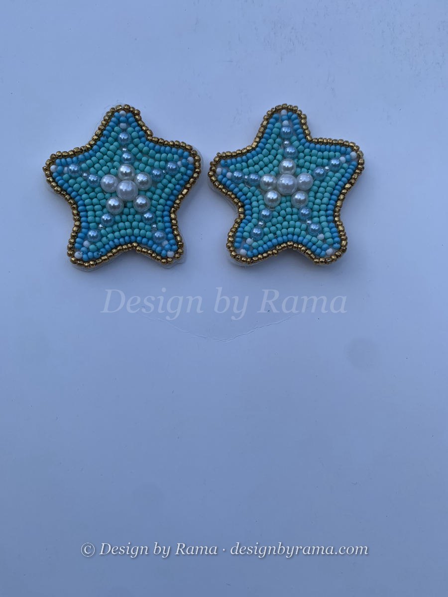 Juaben Teal Star — handmade pearl, teal, turquoise beaded star earrings by Rama, Ghana glass beads, Duncan BC