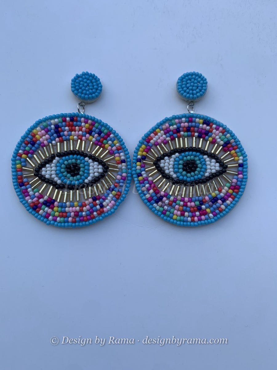 Mankessim Eye Disc — handmade gold, turquoise beaded disc earrings by Rama, Ghana glass beads, Duncan BC