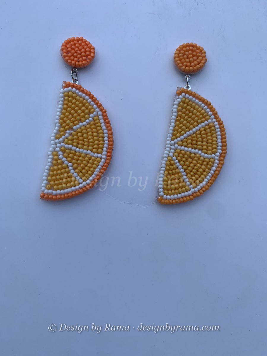 Akim Citrus Slice — handmade orange, yellow, citrus beaded novelty earrings by Rama, Ghana glass beads, Duncan BC