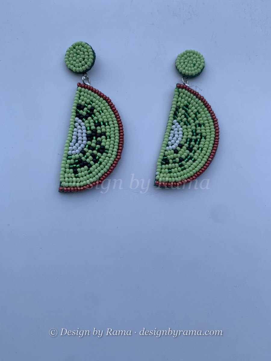 Oda Kiwi Slice — handmade white, red, green, brown beaded novelty earrings by Rama, Ghana glass beads, Duncan BC