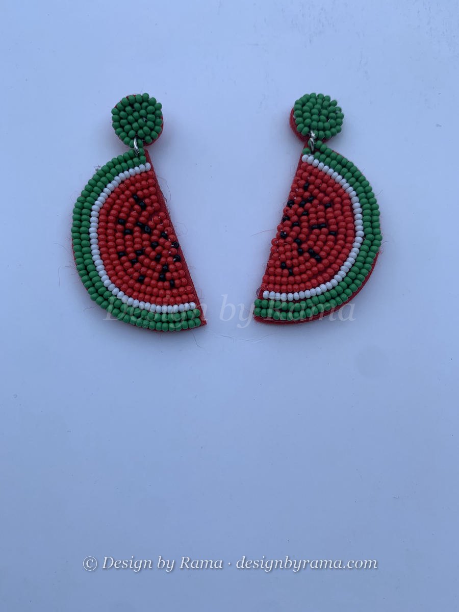 Nkoranza Watermelon Drop — handmade black, white, red, green beaded novelty earrings by Rama, Ghana glass beads, Duncan BC