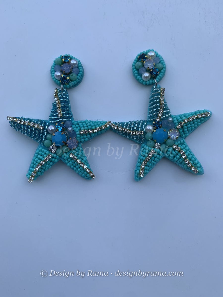 Bole Turquoise Starfish — handmade pearl, turquoise beaded starfish earrings by Rama, Ghana glass beads, Duncan BC