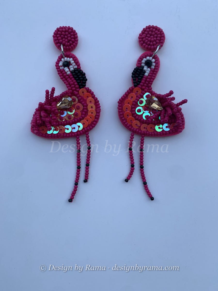 Gwollu Flamingo Drop — handmade black, magenta, amber beaded novelty earrings by Rama, Ghana glass beads, Duncan BC