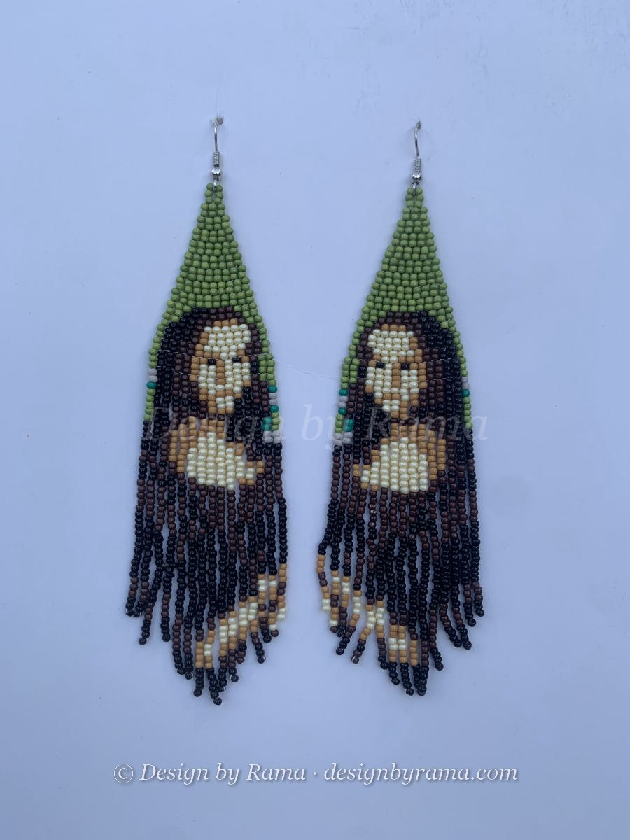 Monalisa Fringe — handmade green, cream, tan, brown, black beaded long earrings by Rama, Ghana glass beads, Duncan BC